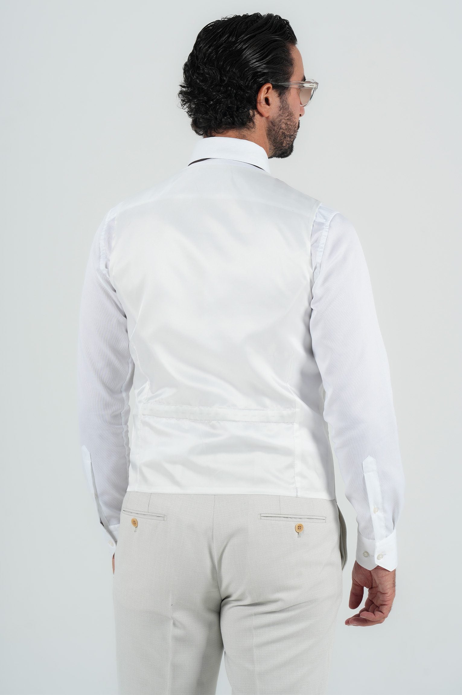Beige three-piece microfiber suit with tailored fit