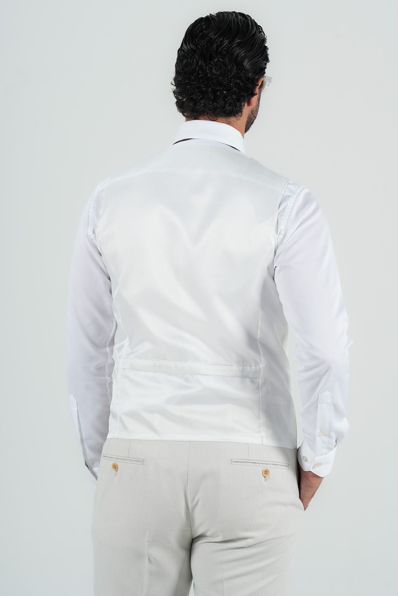 Beige three-piece microfiber suit with tailored fit