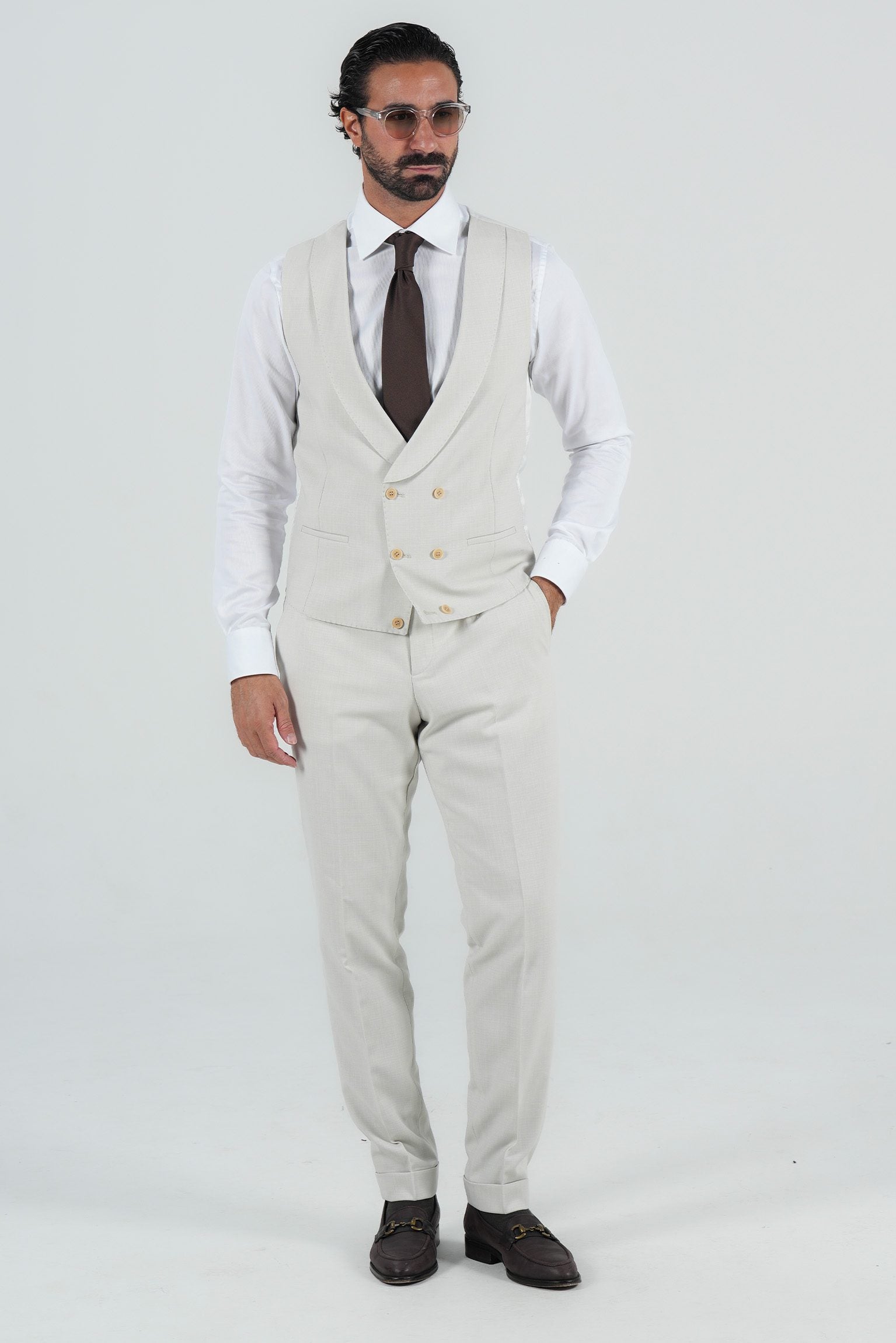 Beige three-piece microfiber suit with tailored fit