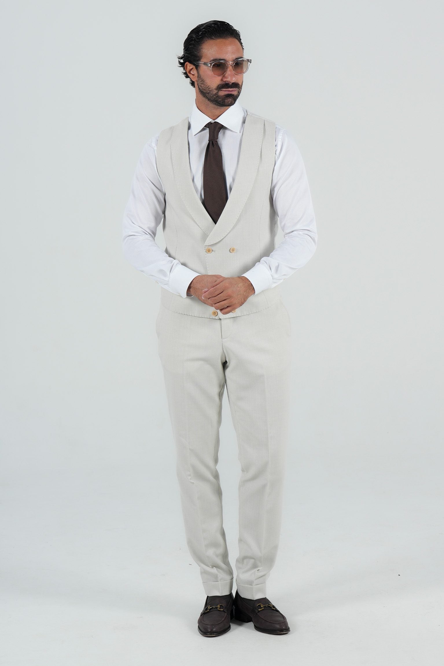 Beige three-piece microfiber suit with tailored fit