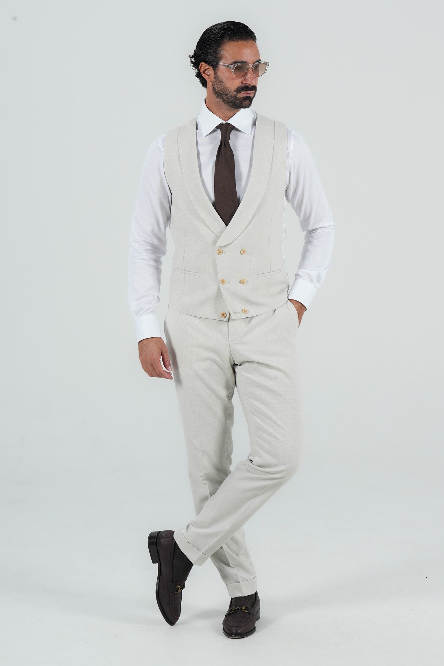 Beige three-piece microfiber suit with tailored fit