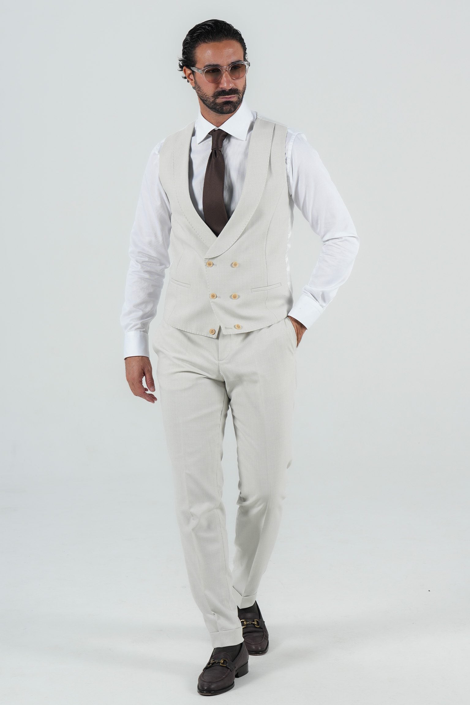 Beige three-piece microfiber suit with tailored fit