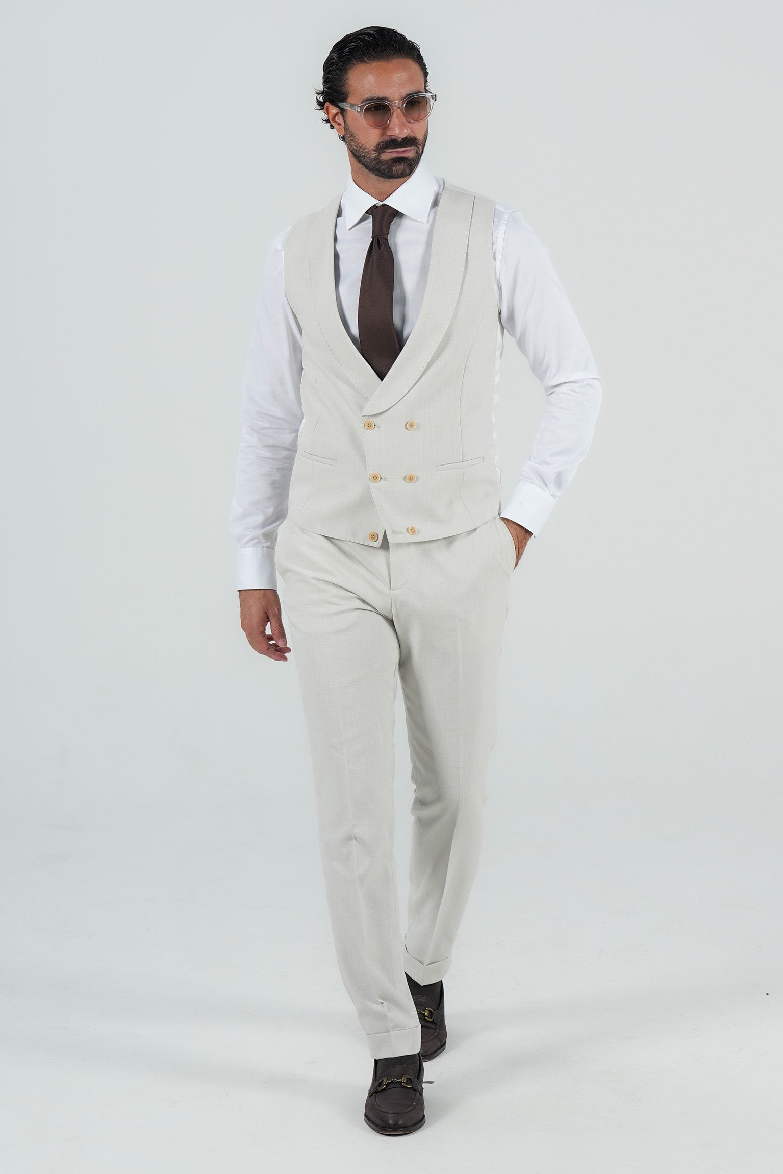 Beige three-piece microfiber suit with tailored fit