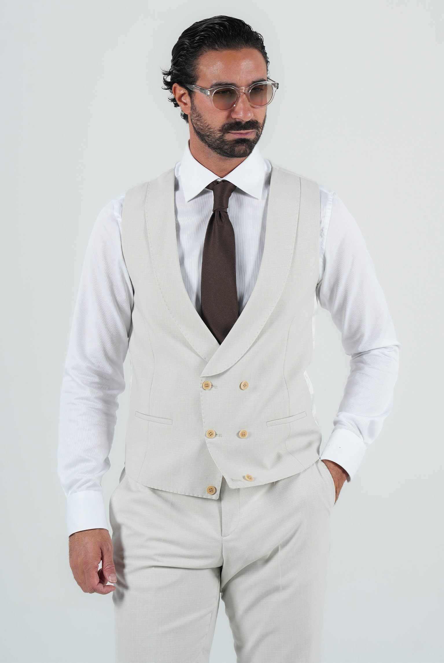 Beige three-piece microfiber suit with tailored fit