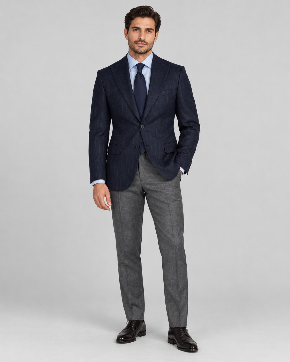 Dark blue single-breasted pinstriped blazer – made of fine flannel wool
