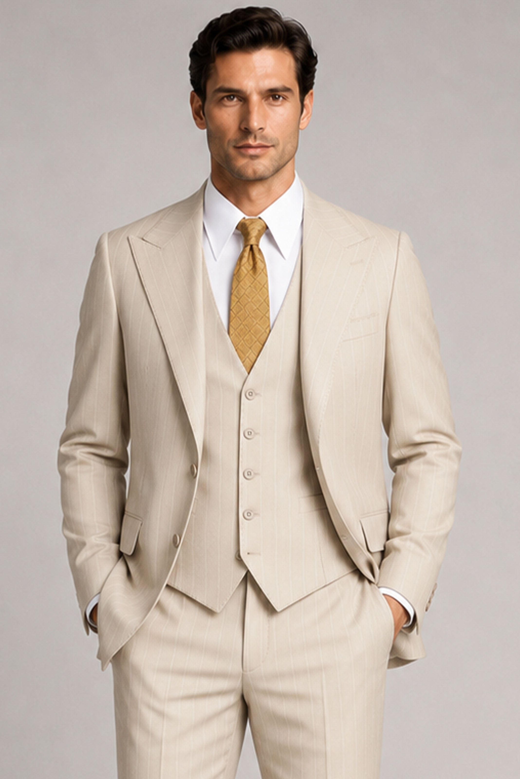 Beige gestreift Modern Fit Einreihiger Anzug
