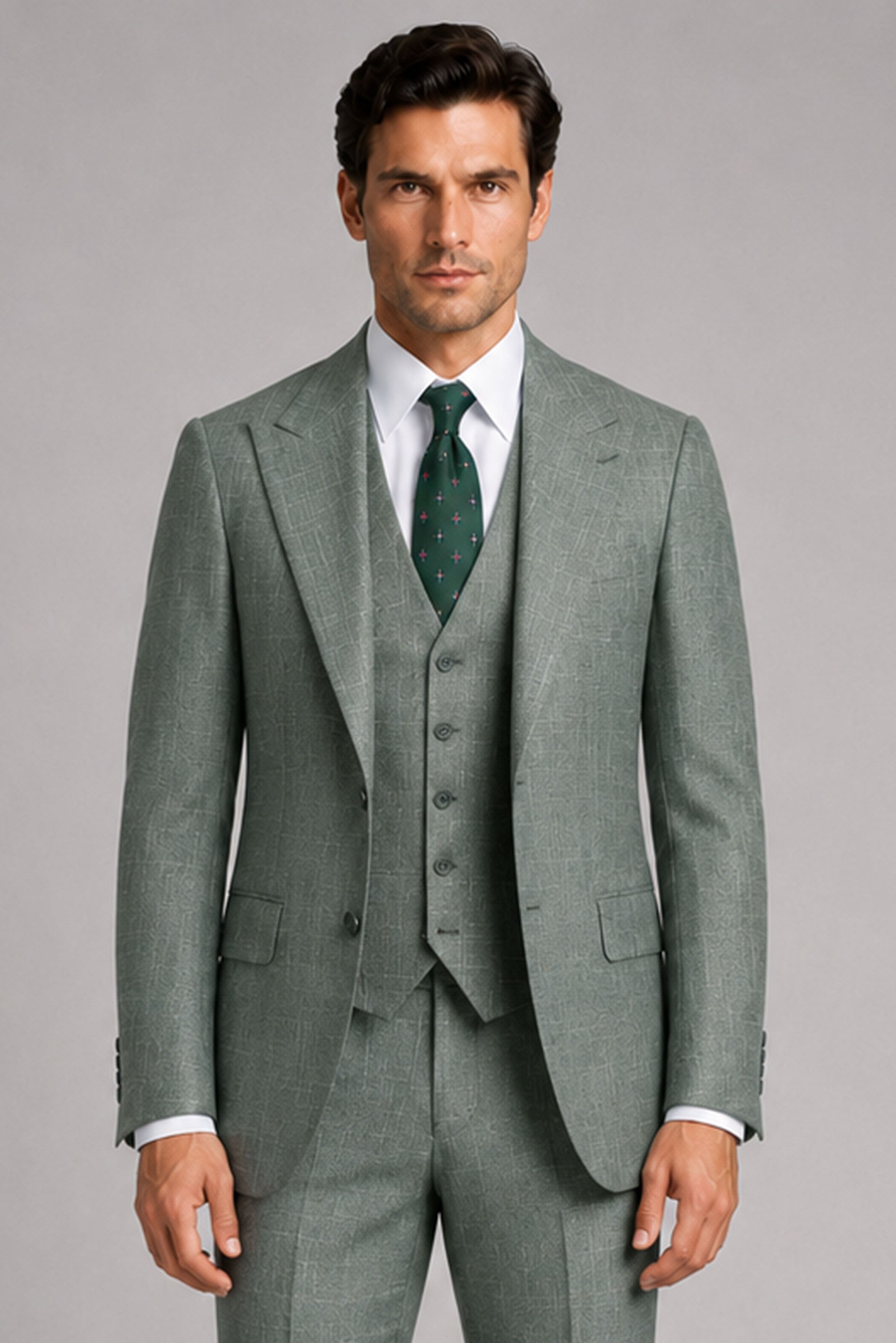Grün gemustert Modern Fit Einreihiger Anzug