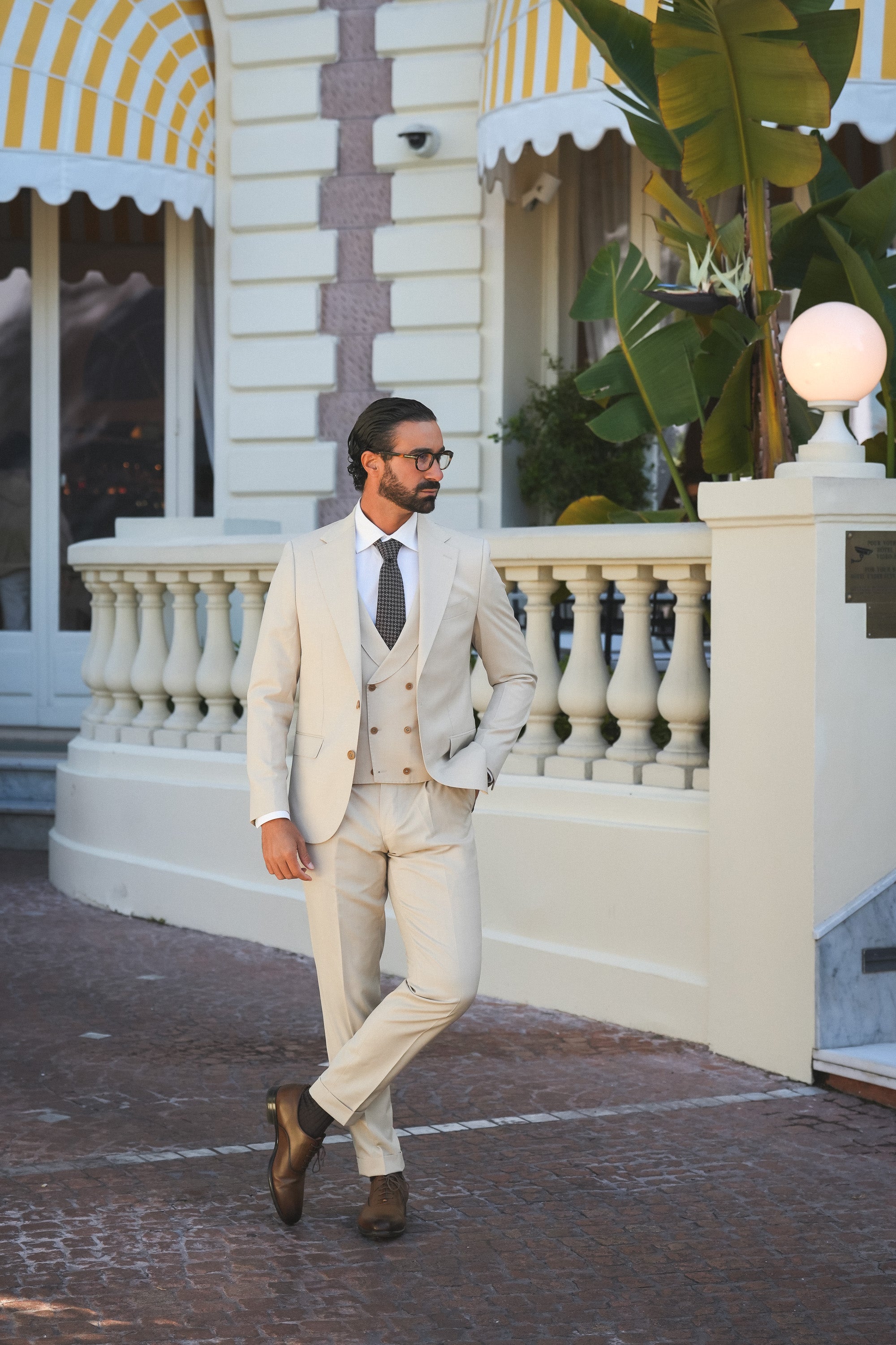 Beiger Slim-Fit Super 130’s Wollanzug mit Einreiher