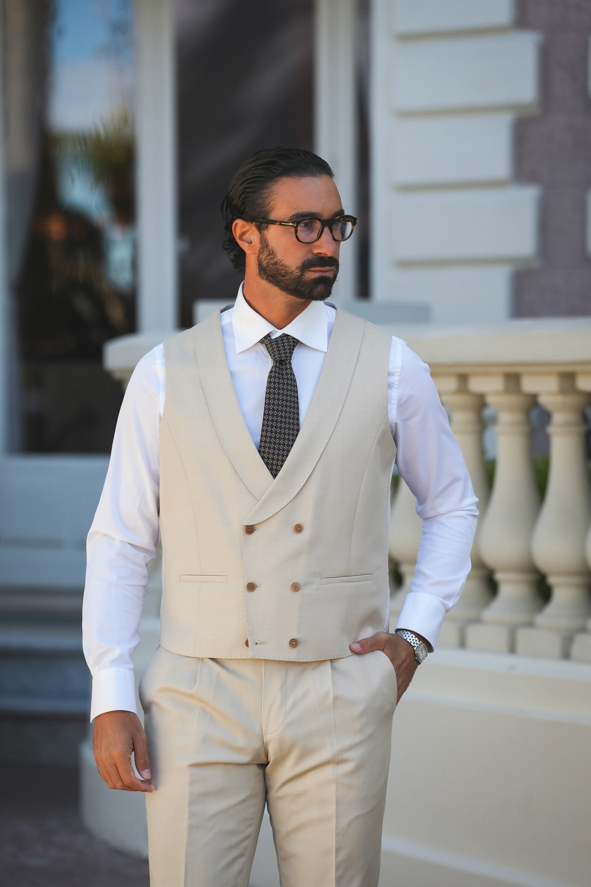 Beiger Slim-Fit Super 130’s Wollanzug mit Einreiher