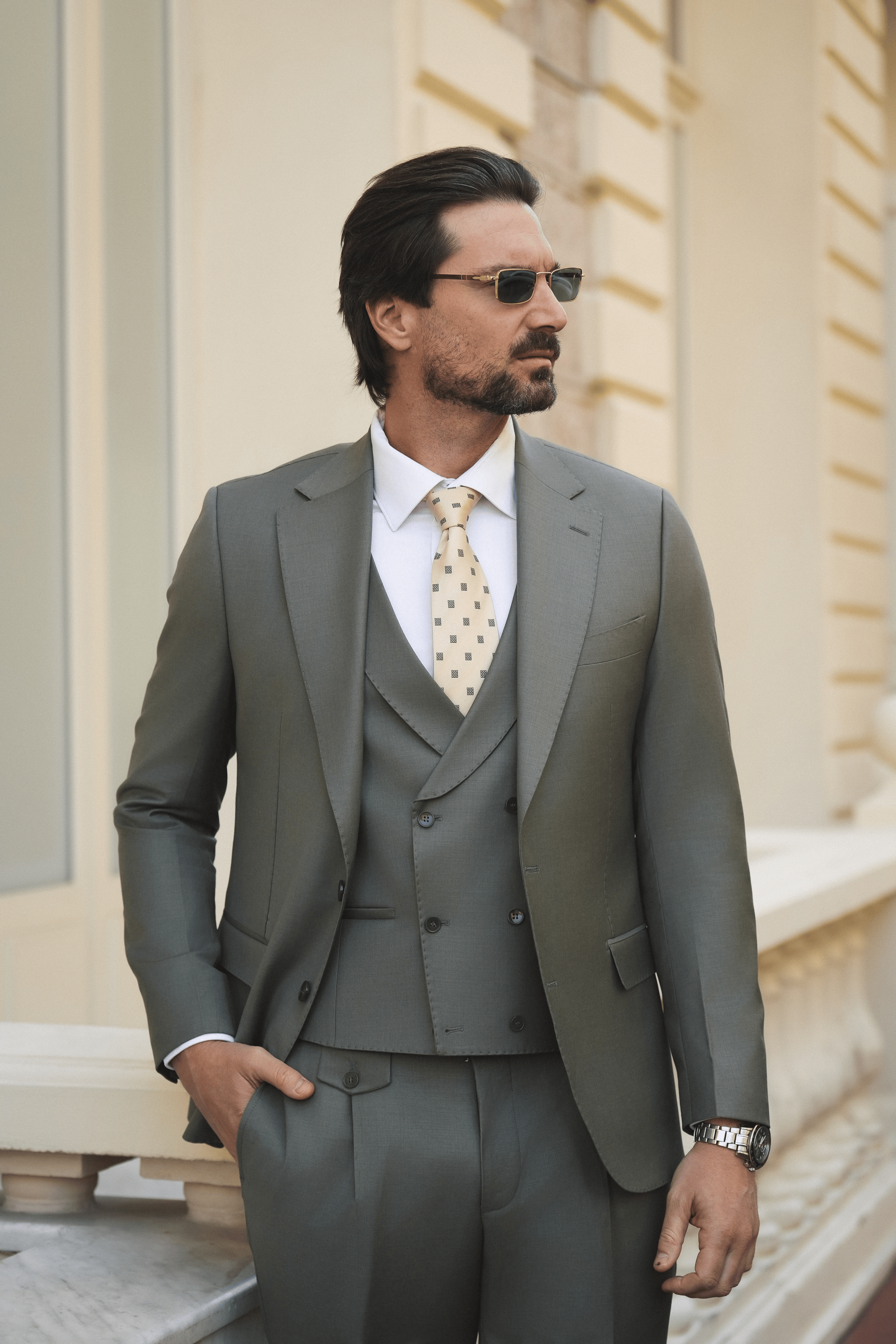 Hellgrüner Slim-Fit Super 130’s Wollanzug mit Einreiher
