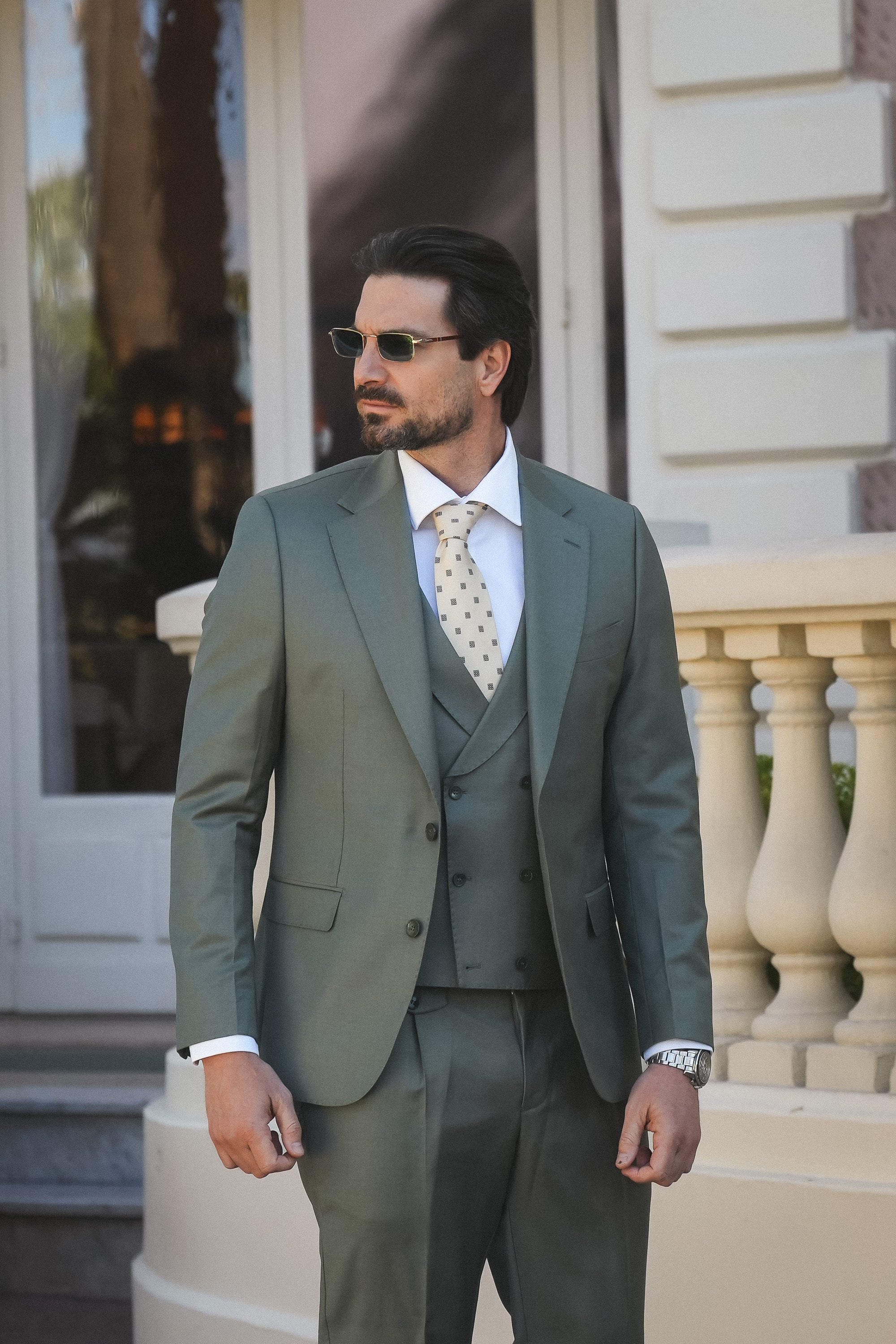 Hellgrüner Slim-Fit Super 130’s Wollanzug mit Einreiher