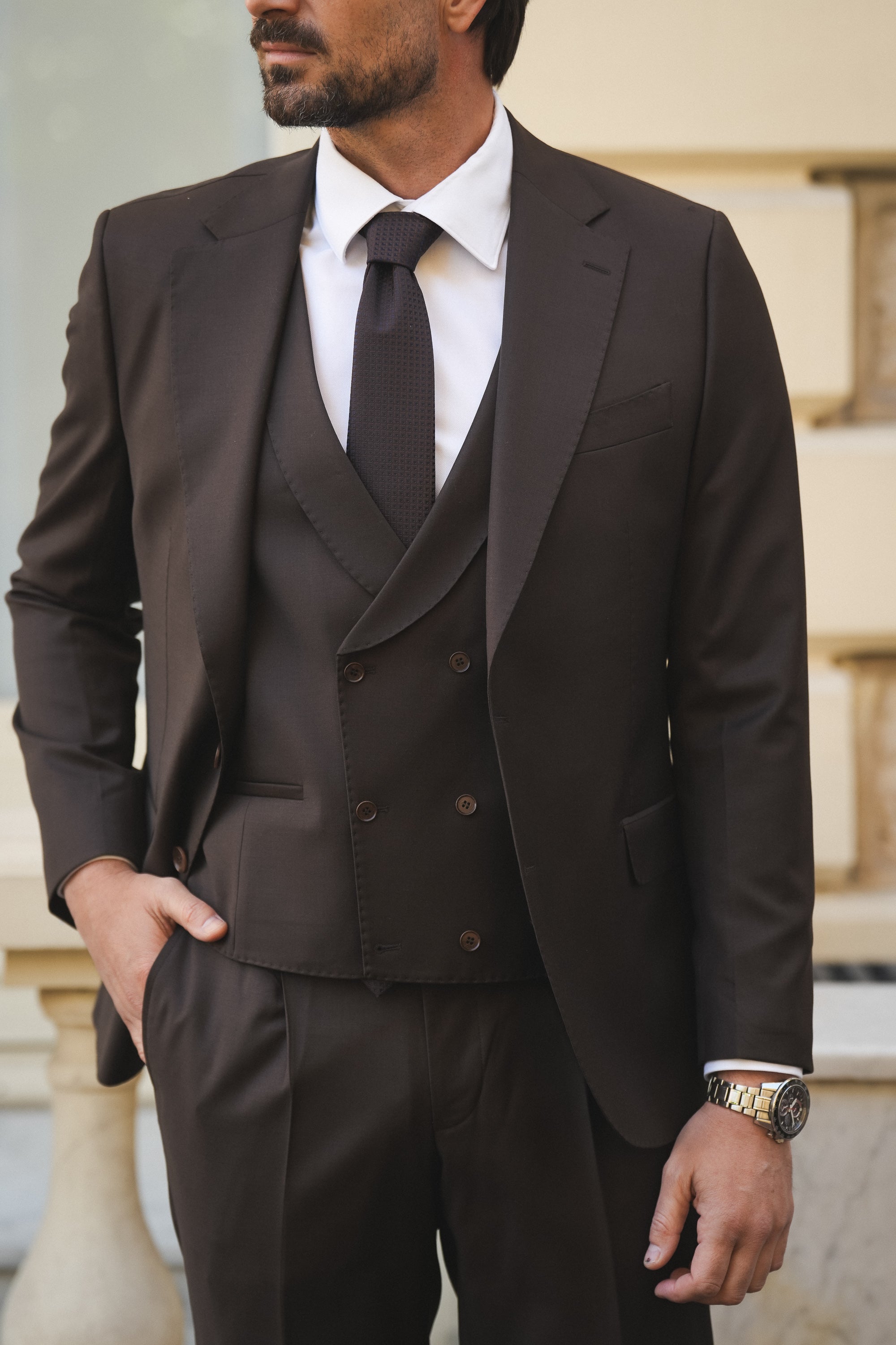 Brauner Slim-Fit Super 130’s Wollanzug mit Einreiher