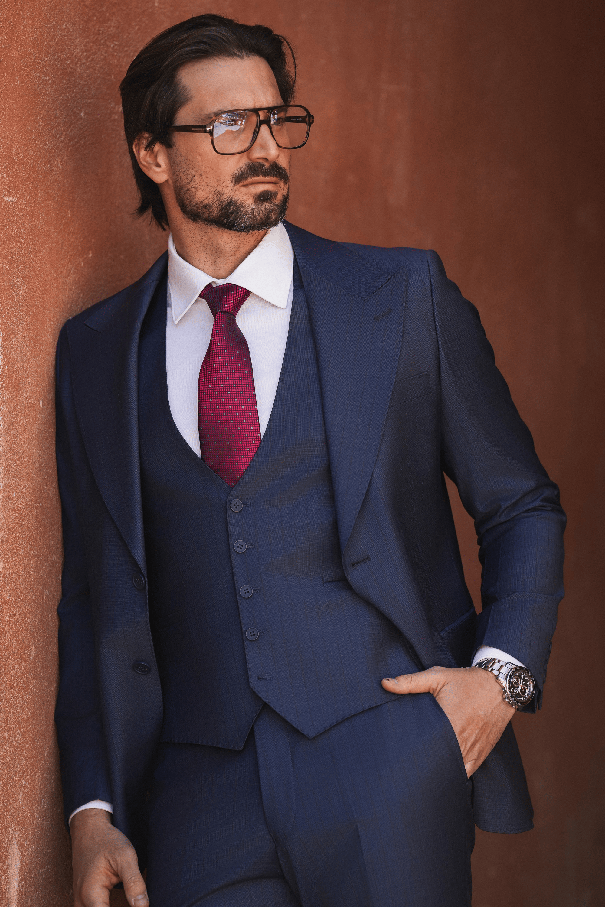 Navyblauer Slim-Fit Super 130’s Wollanzug mit Karomuster und Einreiher
