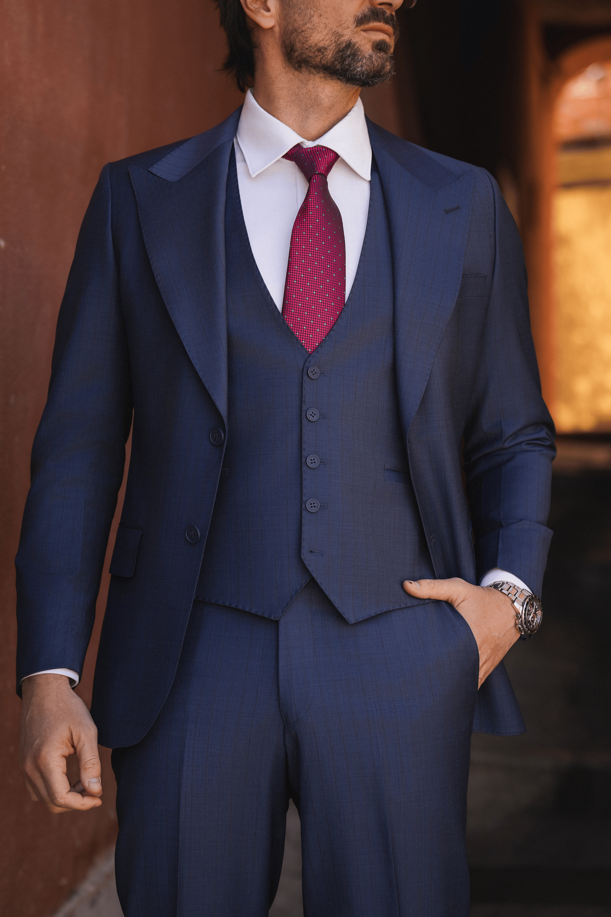 Navyblauer Slim-Fit Super 130’s Wollanzug mit Karomuster und Einreiher