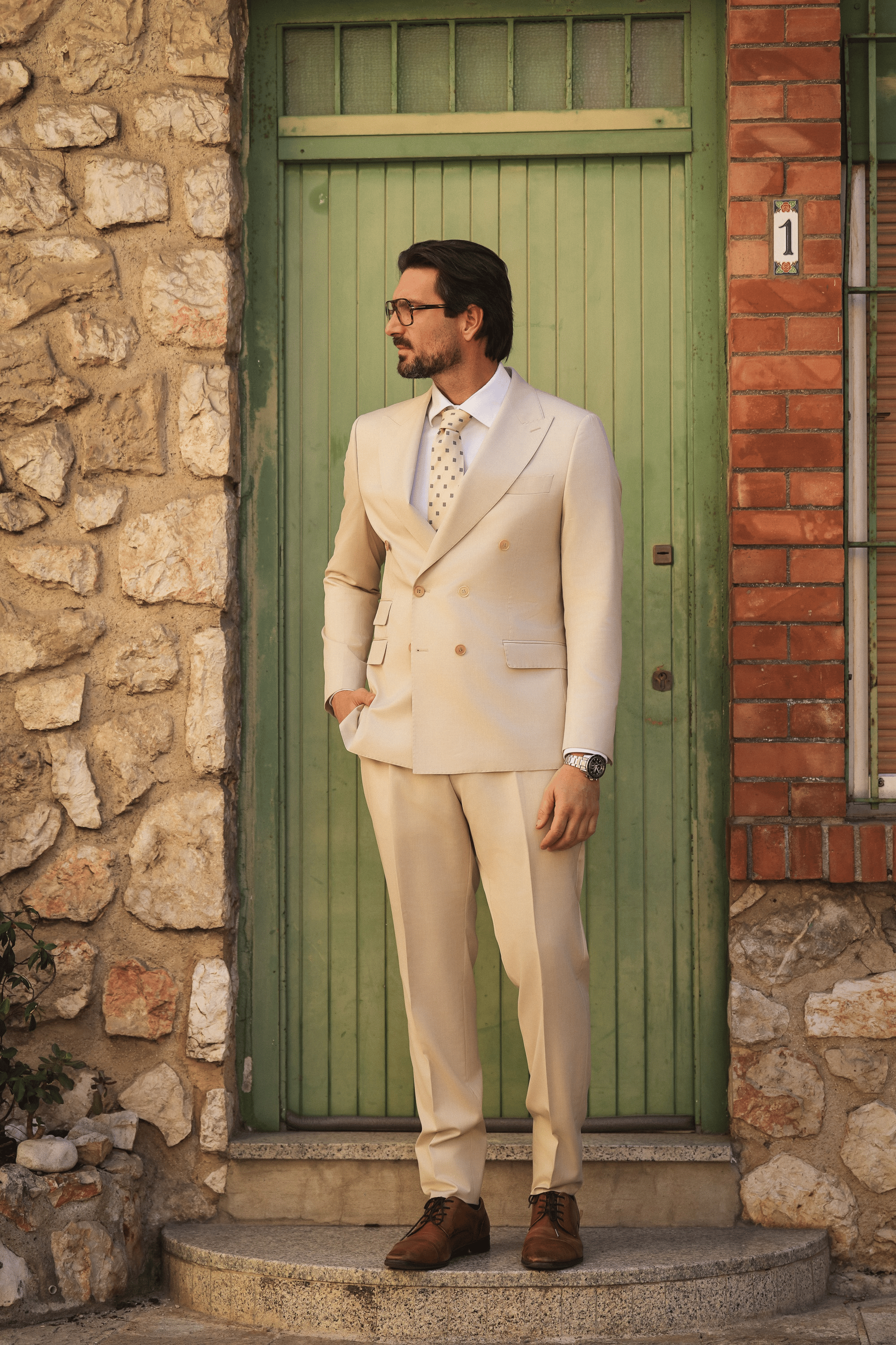 Beiger Slim-Fit Super 130’s Wollanzug mit Zweireiher