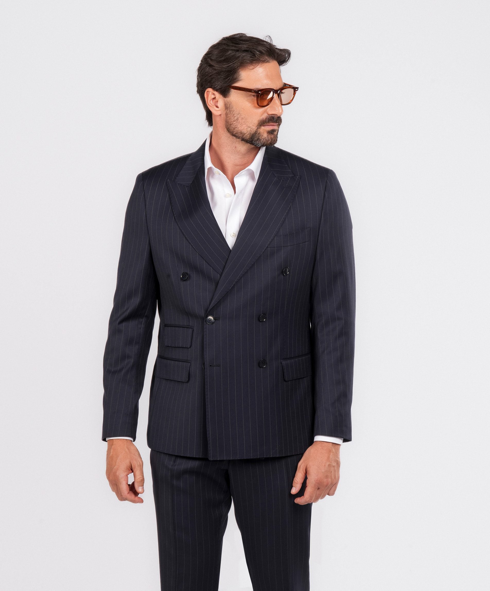 Dunkelblauer Nadelstreifen Slim Fit Zweireiher Anzug aus Wolle