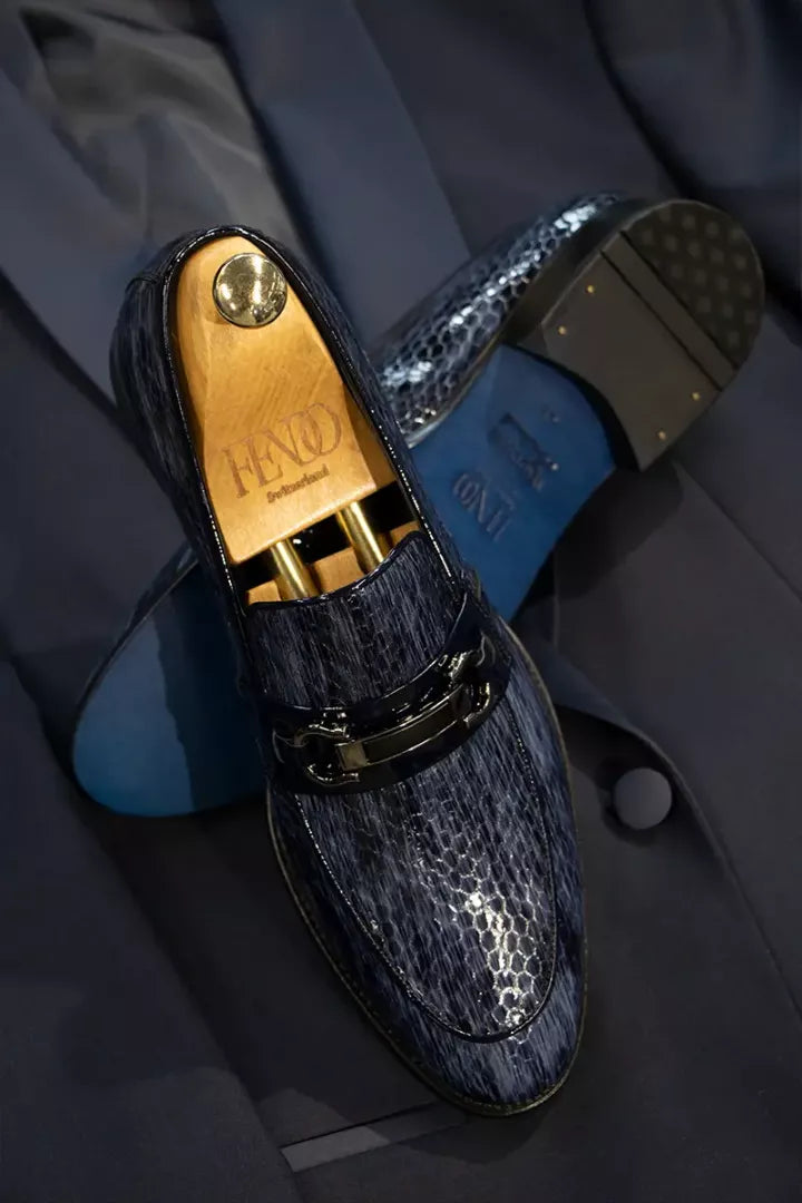 Dunkelblauer Leder-Horsebit-Loafer-Schuh