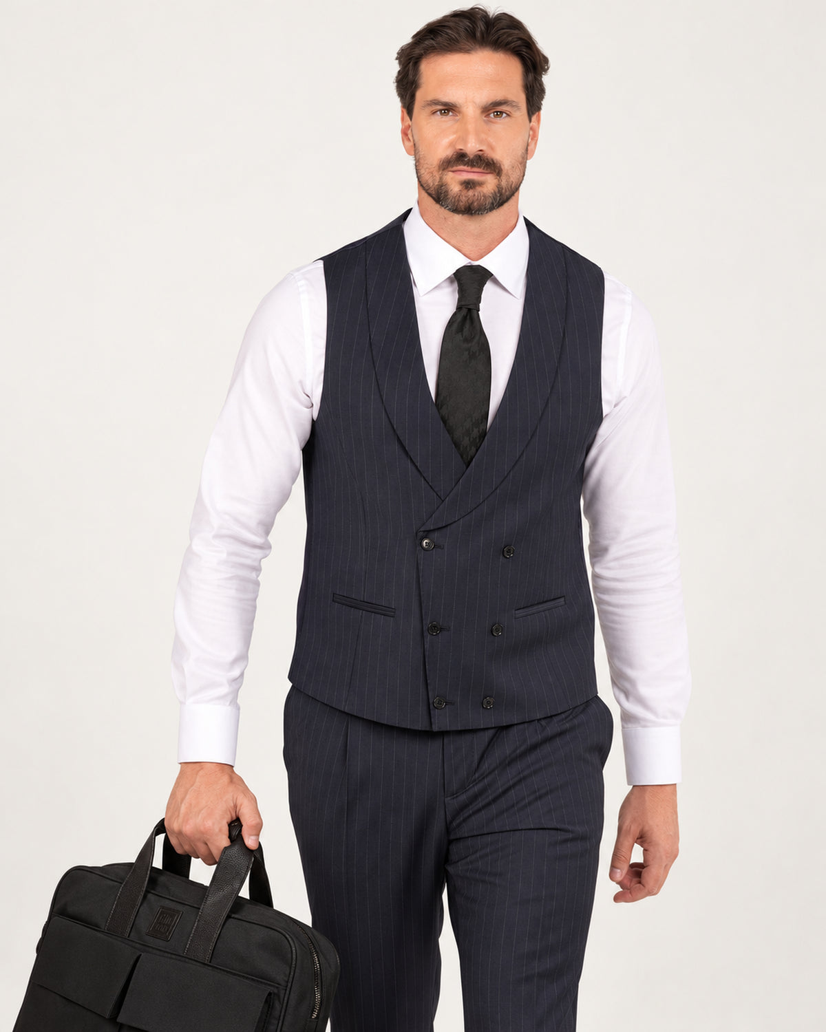 Navy pinstripe slim-fit three-piece wool suit