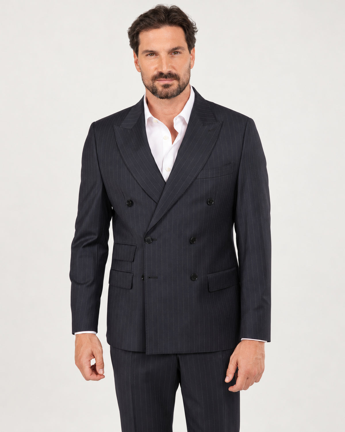 Dunkelblauer Nadelstreifen-Slim-Fit-Zweireiher aus Wolle