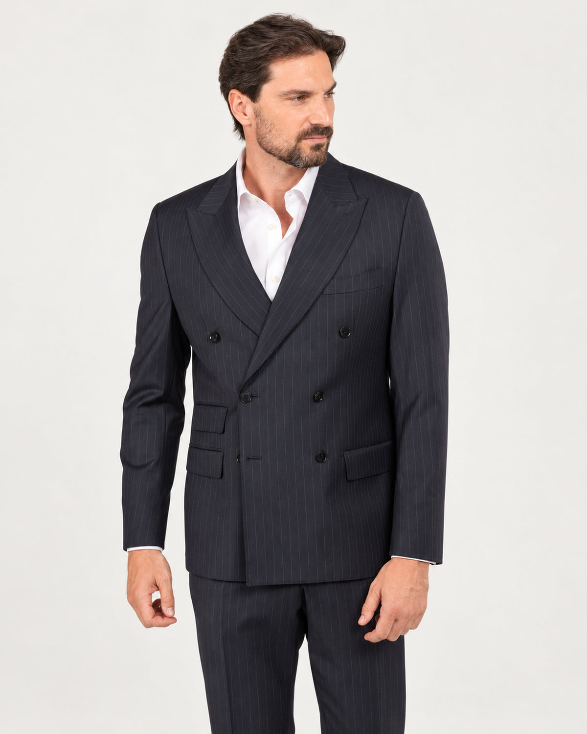 Dunkelblauer Nadelstreifen-Slim-Fit-Zweireiher aus Wolle