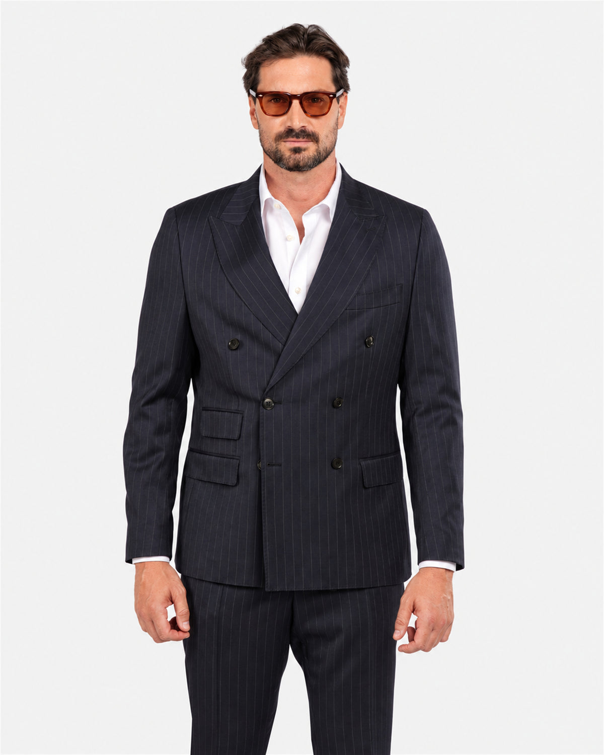 Dunkelblauer Nadelstreifen-Slim-Fit-Zweireiher aus Wolle