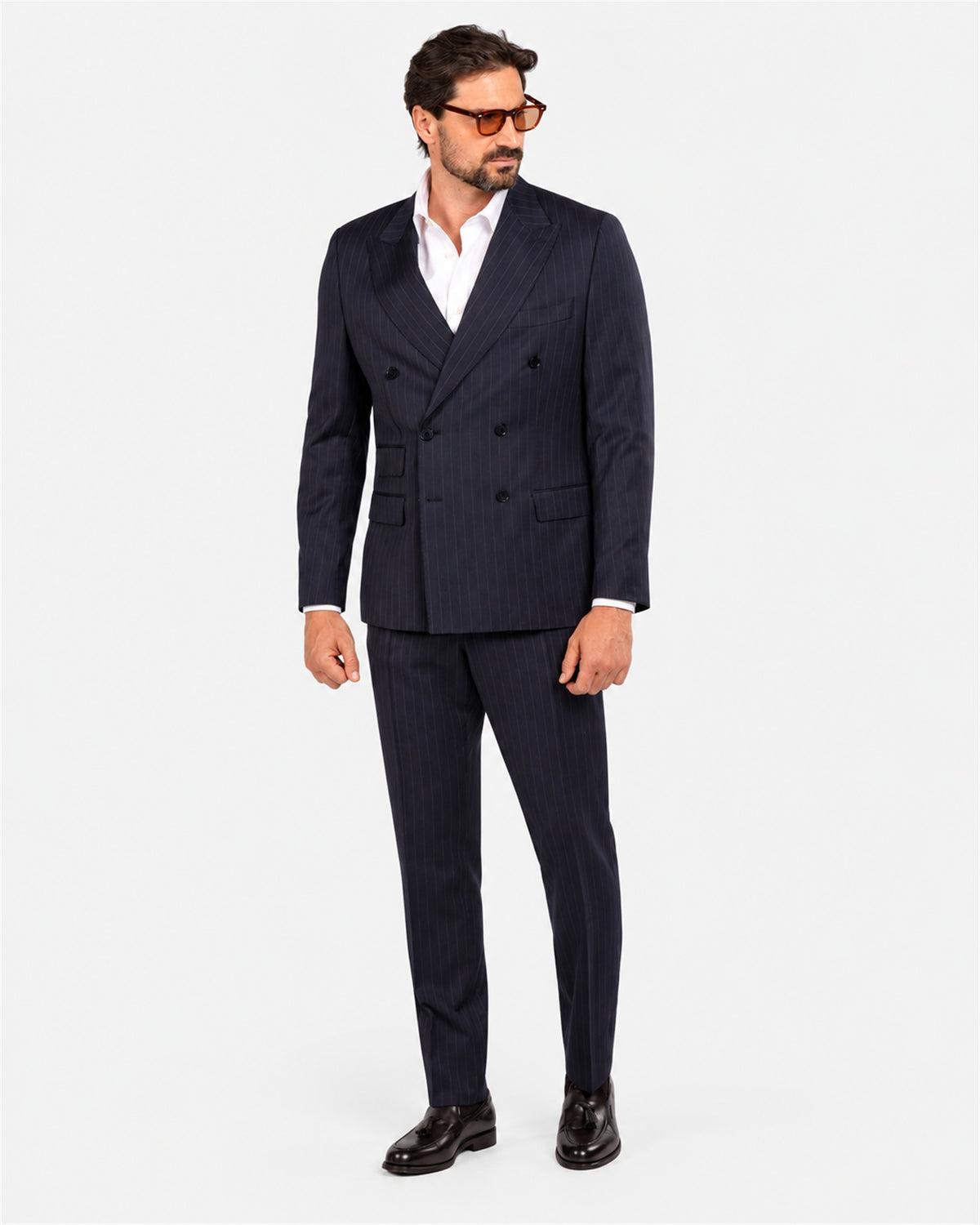 Dark blue pinstripe slim fit double-breasted wool suit