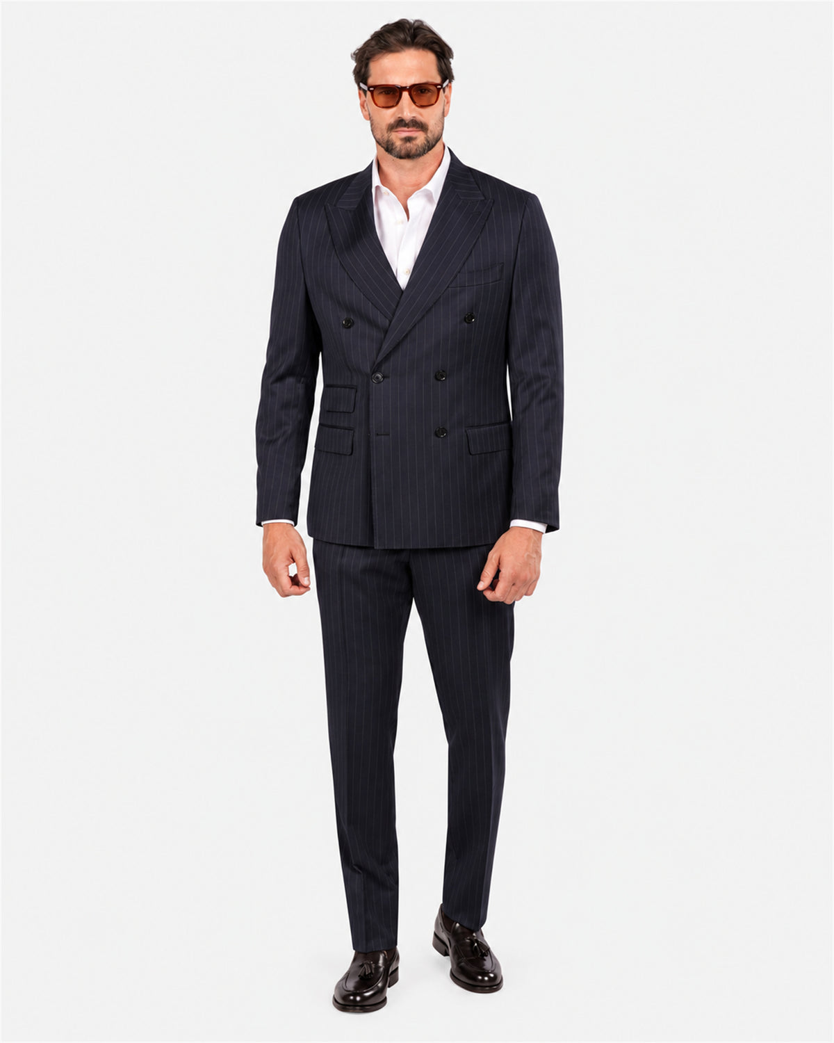 Dark blue pinstripe slim fit double-breasted wool suit
