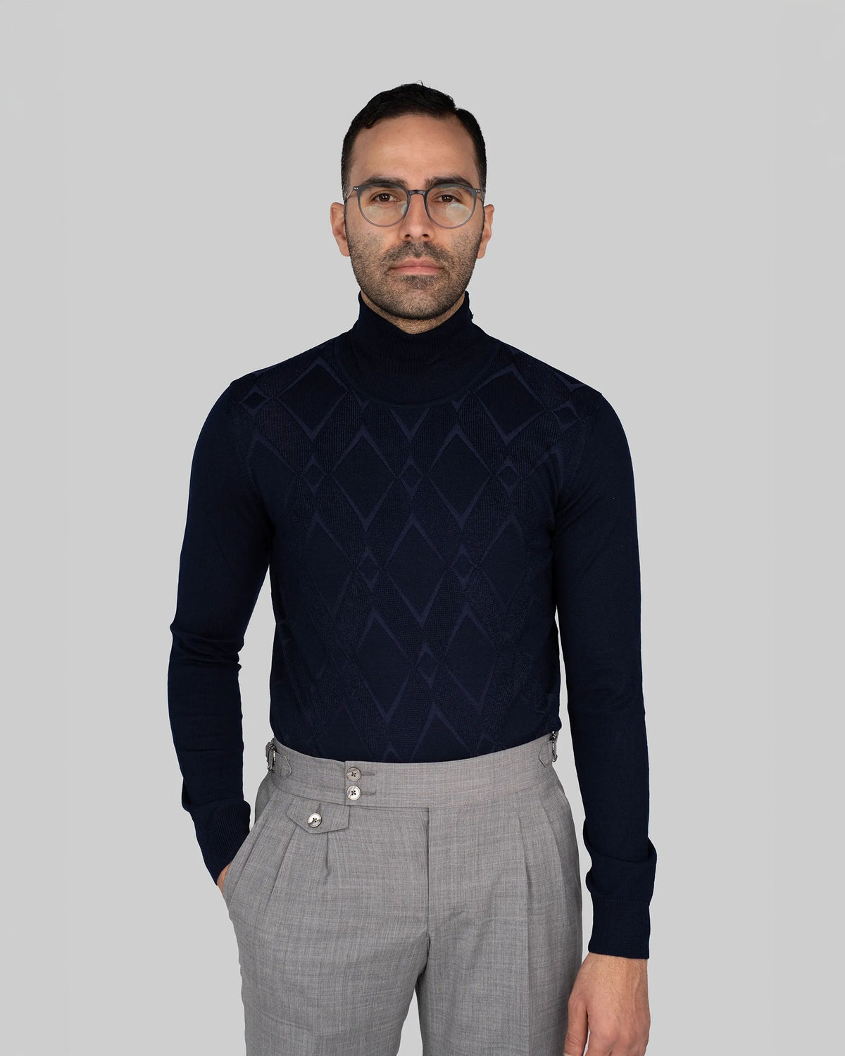 Dark blue roll-neck sweater made from an Italian wool-acrylic blend