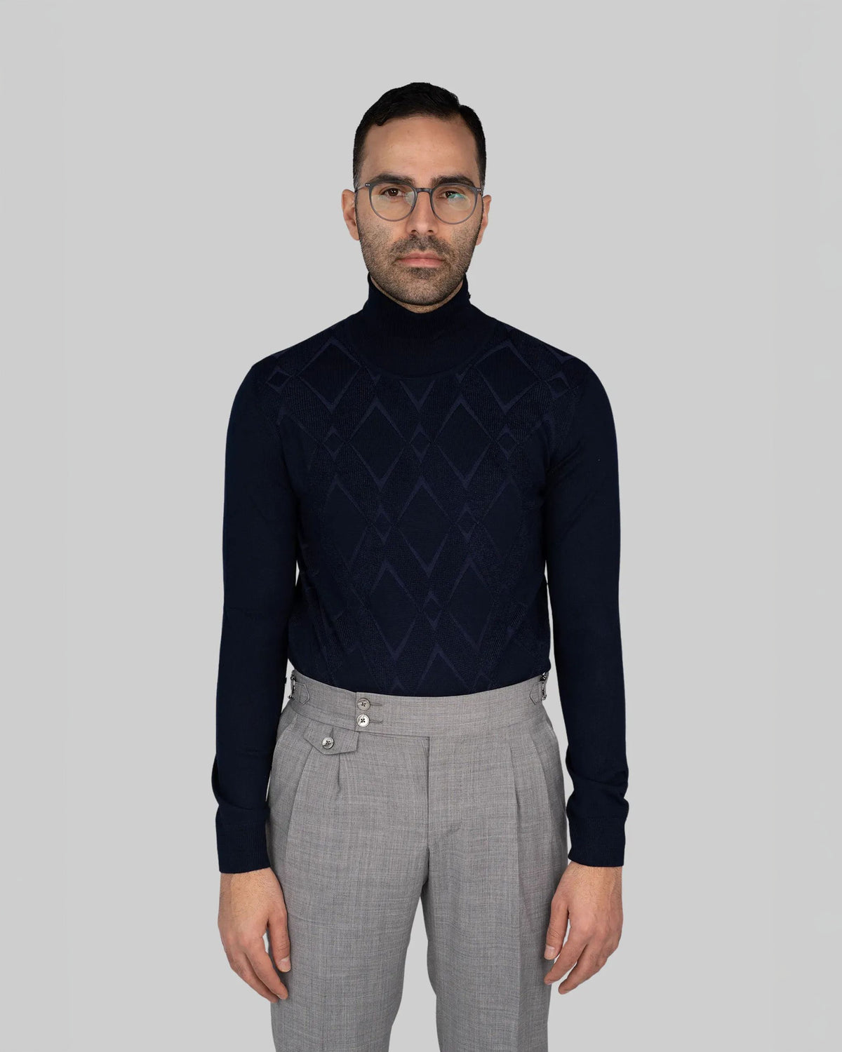 Dark blue roll-neck sweater made from an Italian wool-acrylic blend