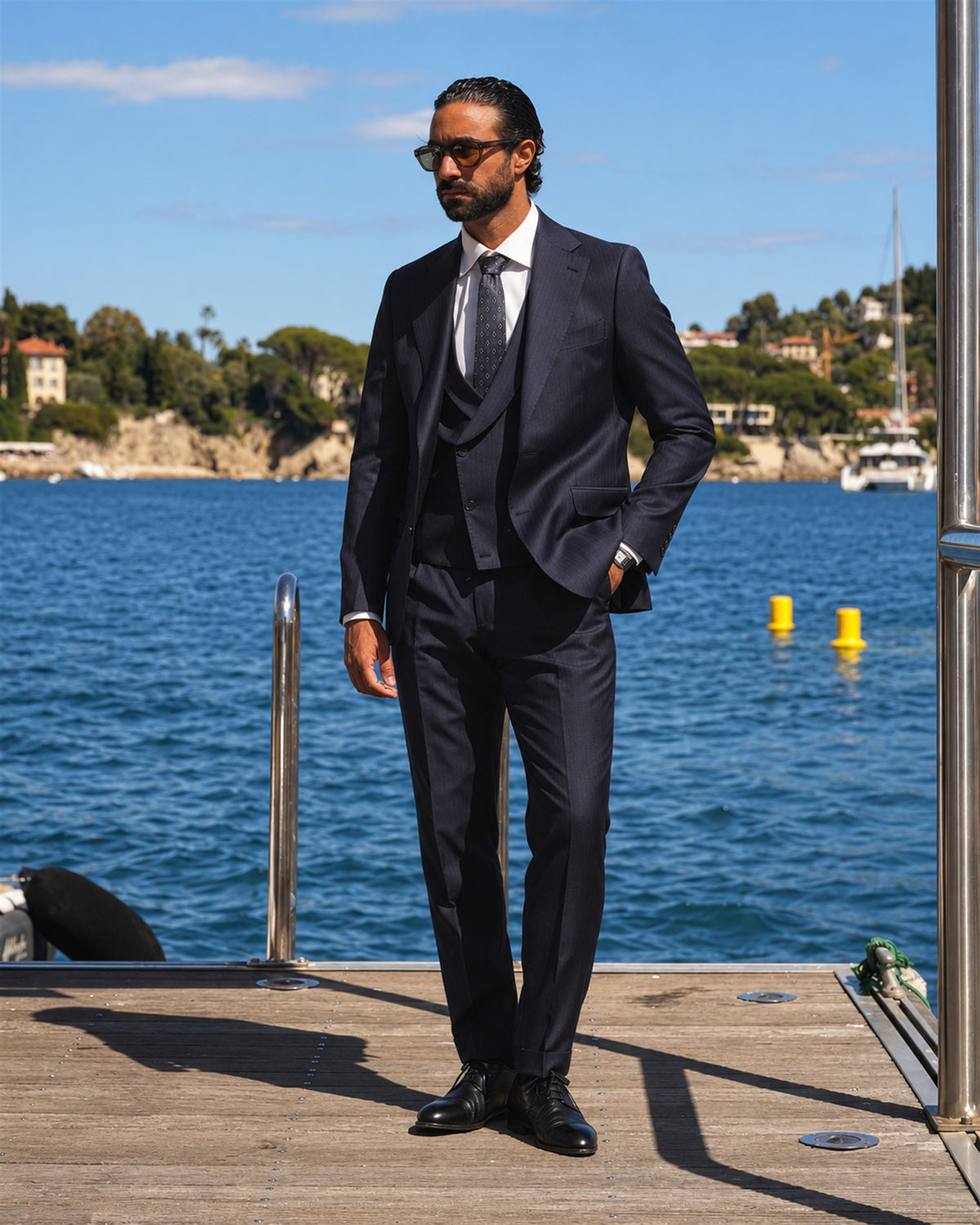 Dark blue Slim-Fit Super 130's pinstripe wool suit with single-breasted jacket
