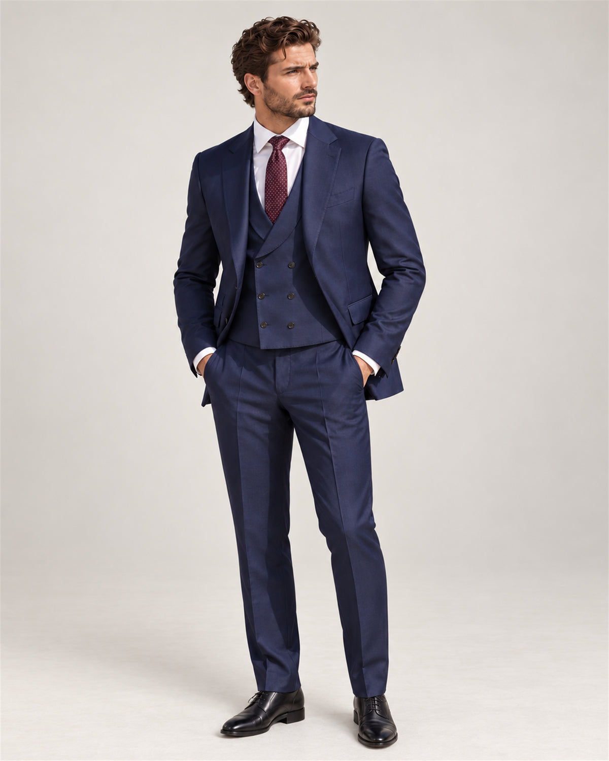 Dark blue slim fit Super 130’s wool suit with single-breasted jacket
