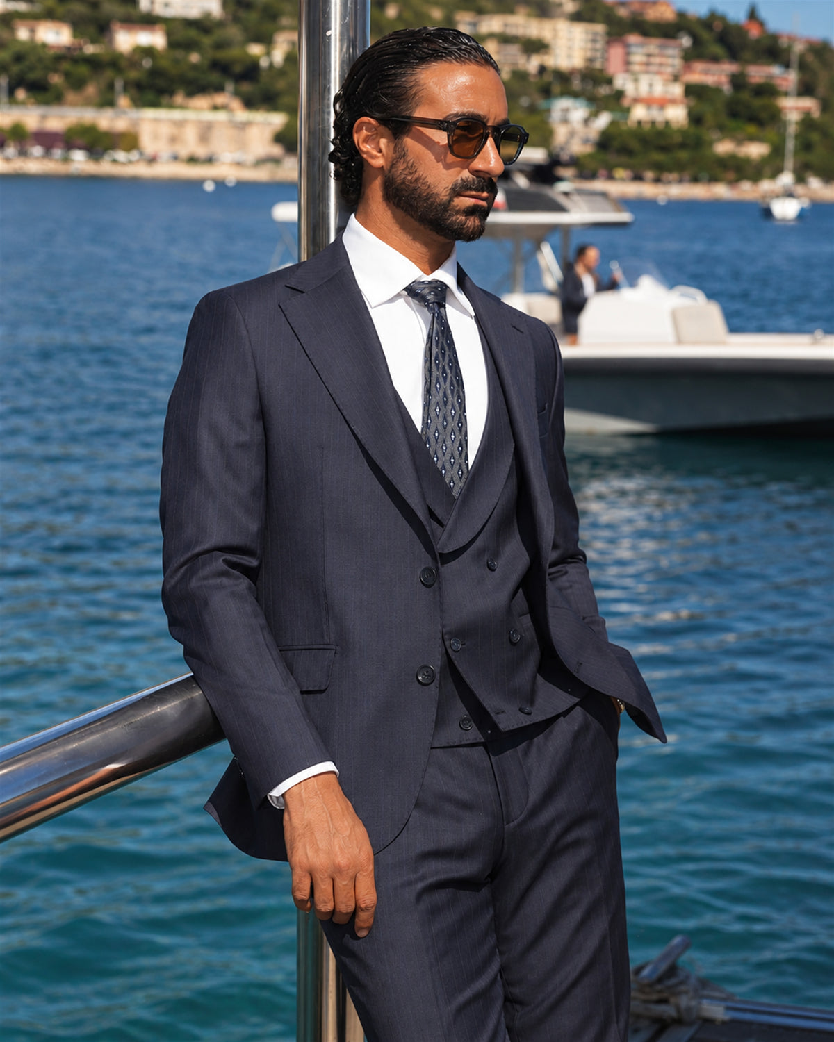 Dark blue Slim-Fit Super 130's pinstripe wool suit with single-breasted jacket