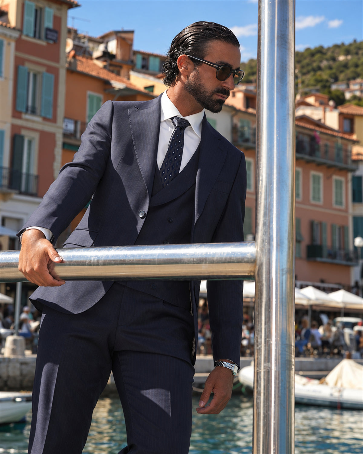Dark blue Slim-Fit Super 130's pinstripe wool suit with single-breasted jacket
