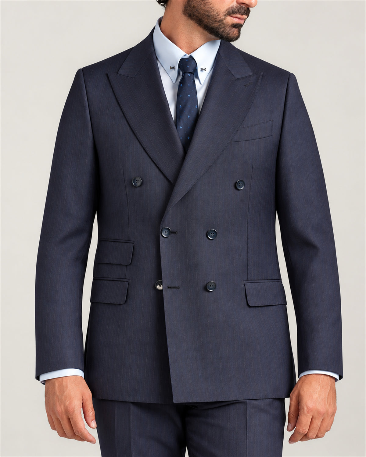 Dark Blue Slim-Fit Super 130's Wool Pinstripe Double Breasted Suit