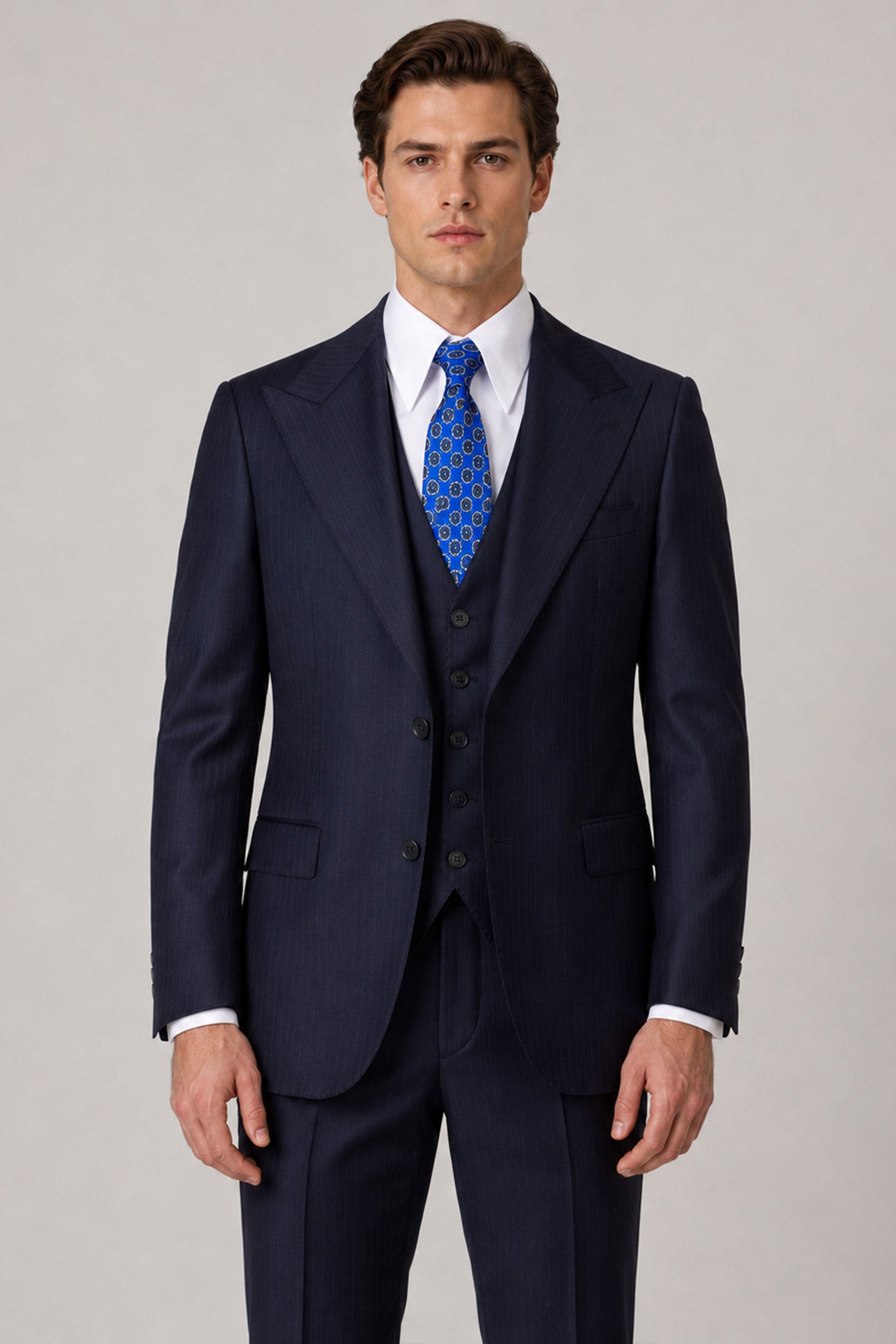 Dunkelblauer Modern Fit Streifen Einreiher Anzug