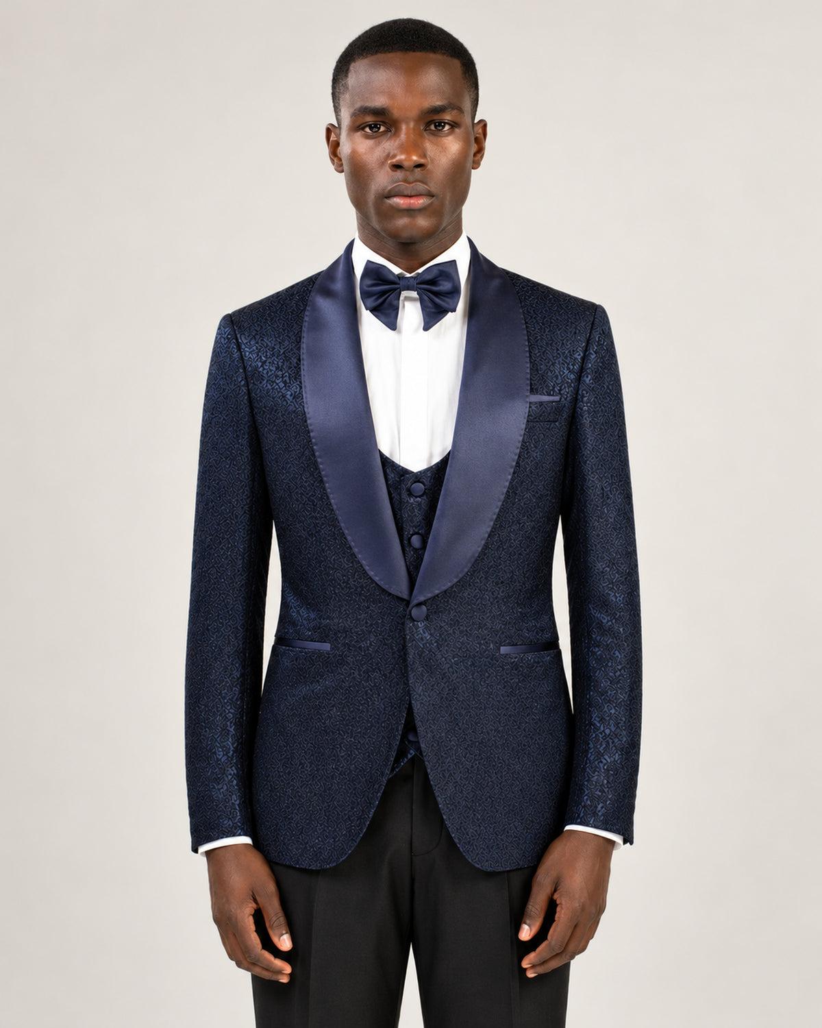 Navy textured three-piece slim-fit tuxedo