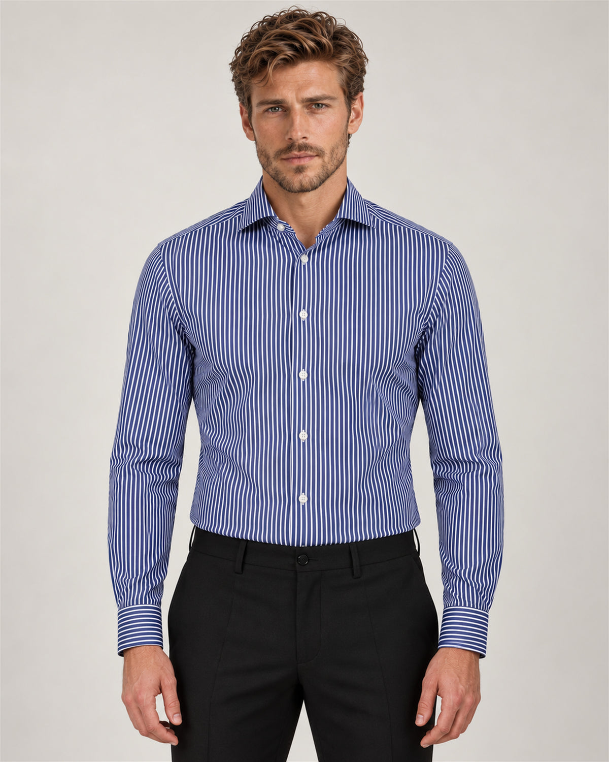 Dark blue slim fit cotton shirt with white stripes
