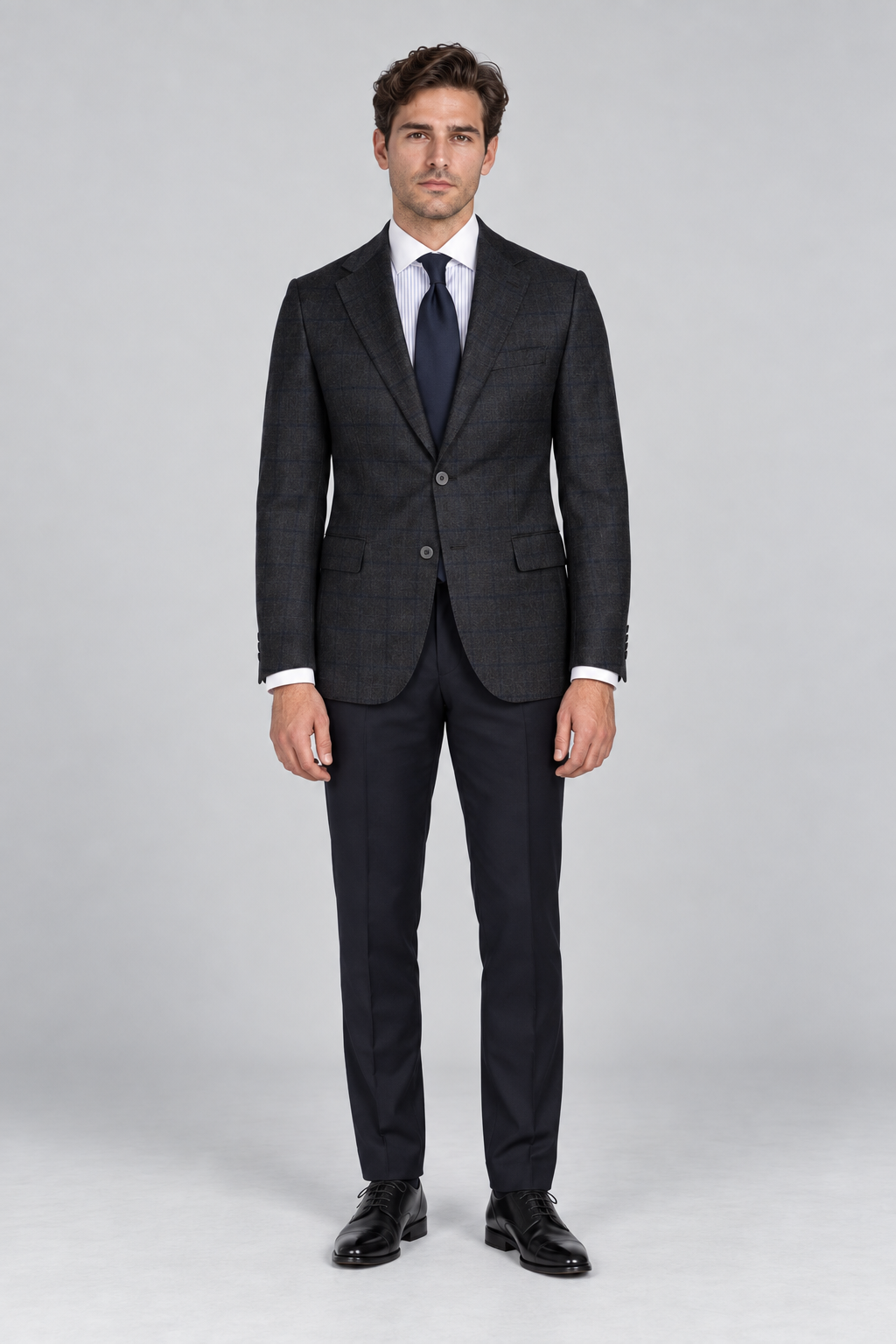 Dunkelgraues Tailored-Fit-Einreiher-Sakko aus Wolle mit Karomuster
