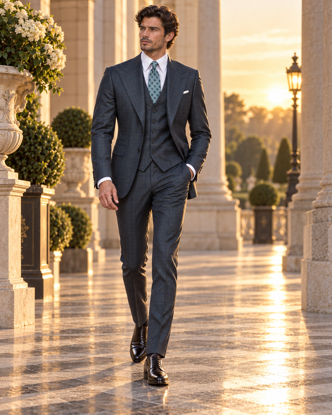 Dark green checked single-breasted modern-fit suit