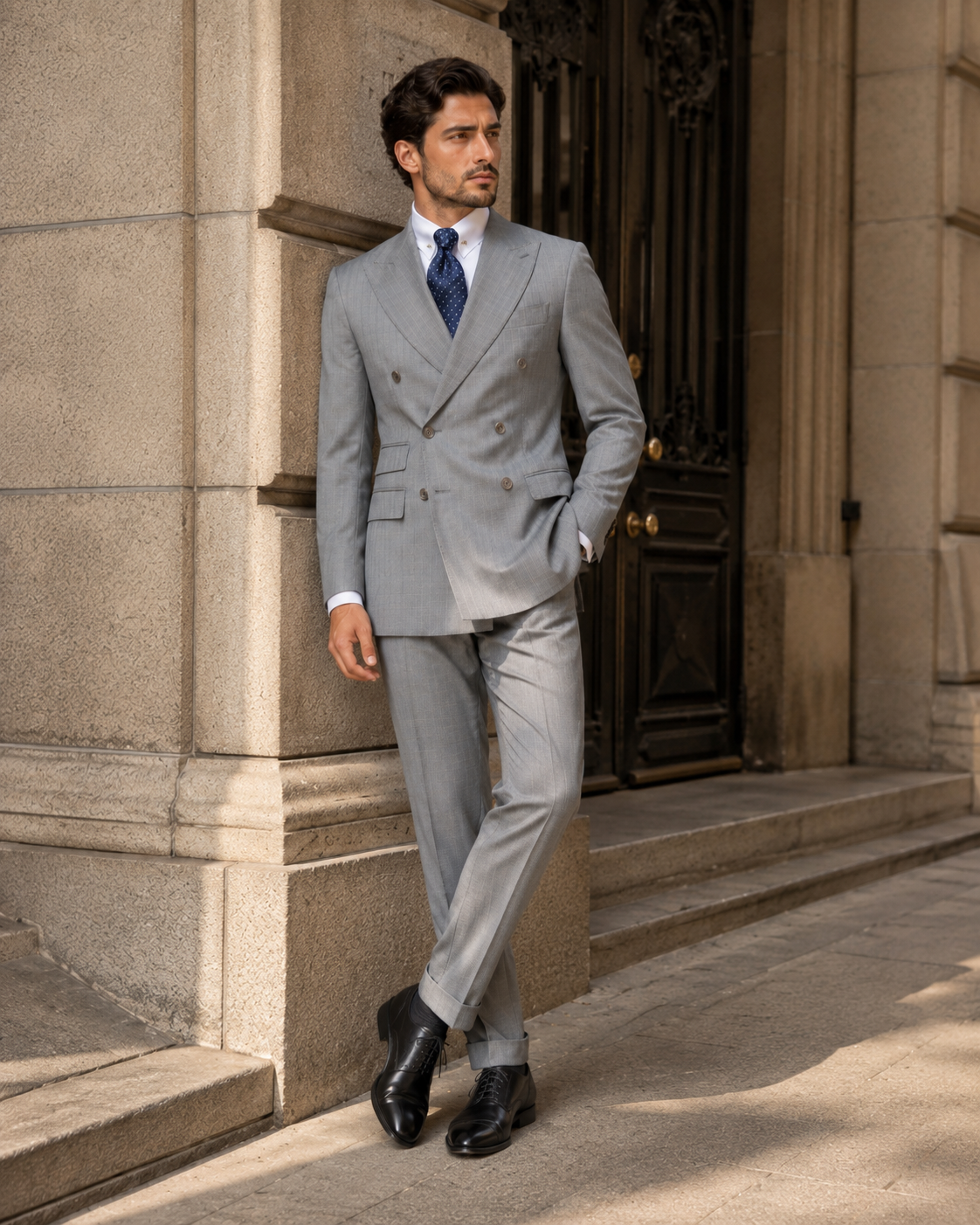 Grauer Slim-Fit-Zweireiher aus Wolle