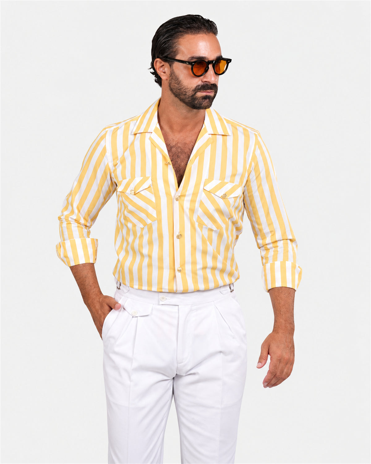 Yellow and white striped safari shirt 