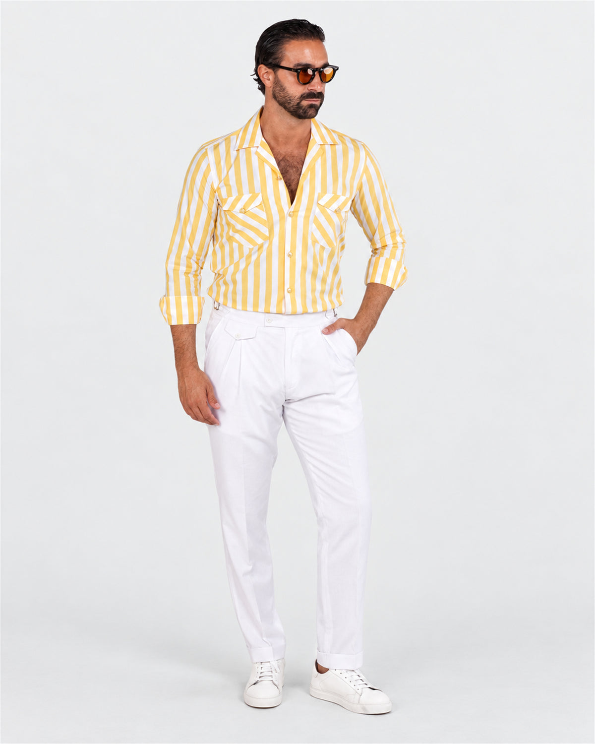 Yellow and white striped safari shirt 