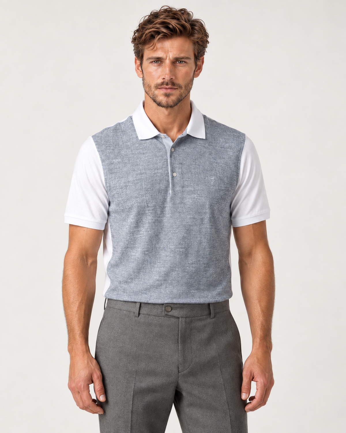 Grau-weiß gemustertes Baumwolle-Poloshirt