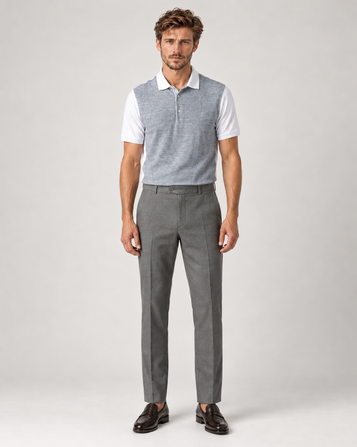 Grey and white patterned cotton polo shirt