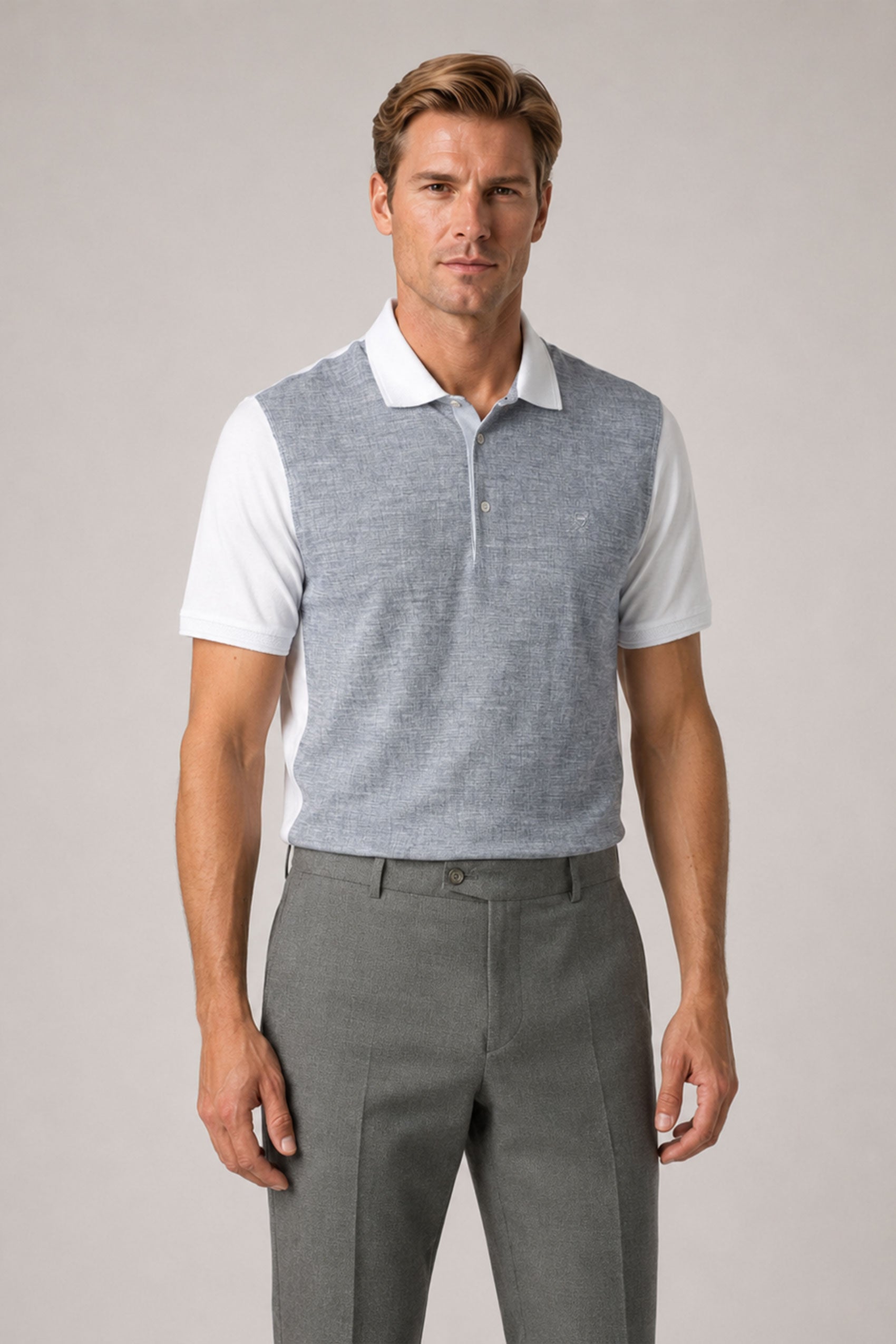 Grau-weiß gemustertes Baumwolle-Poloshirt