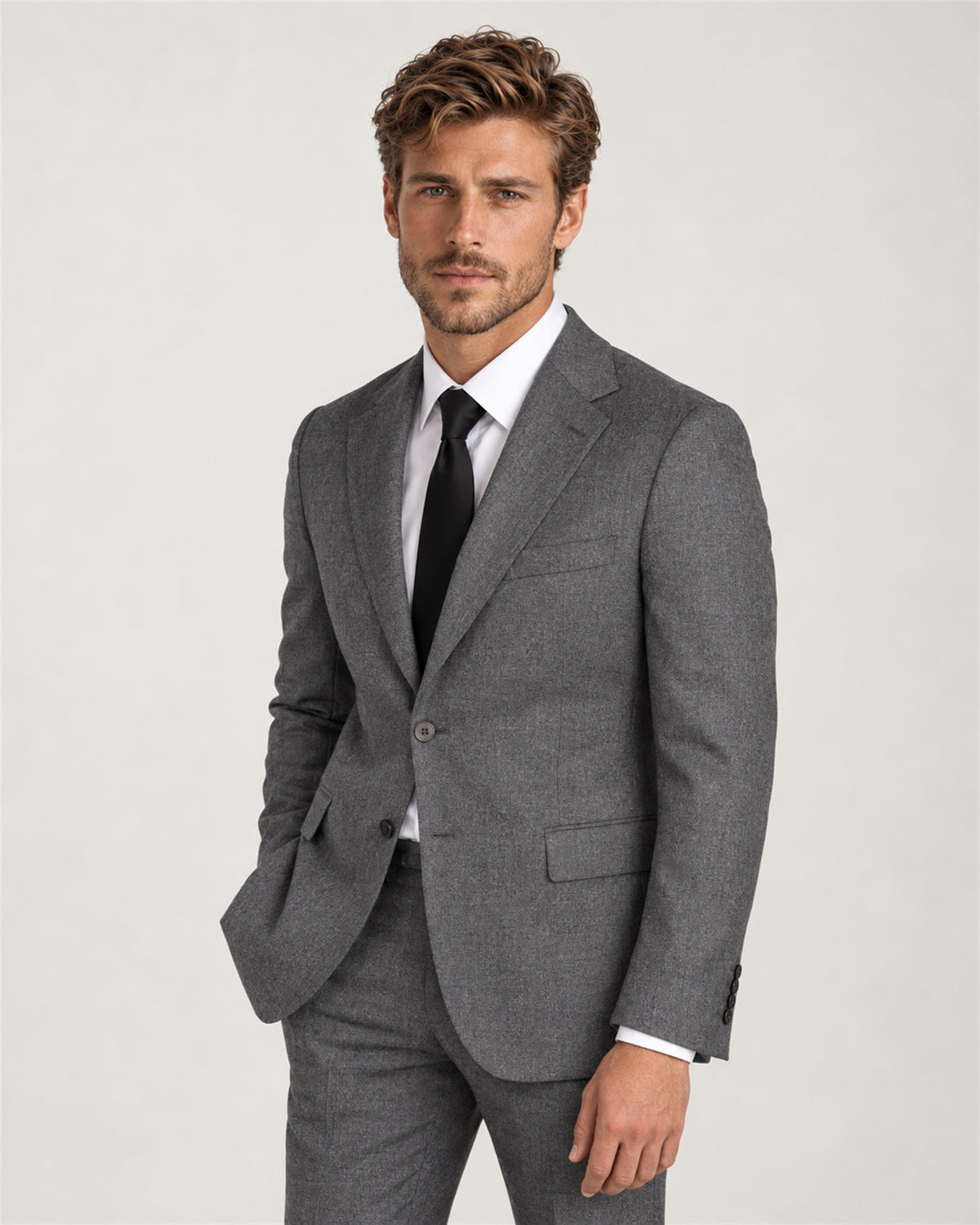 Grey tailored-fit single-breasted wool flannel suit – on model