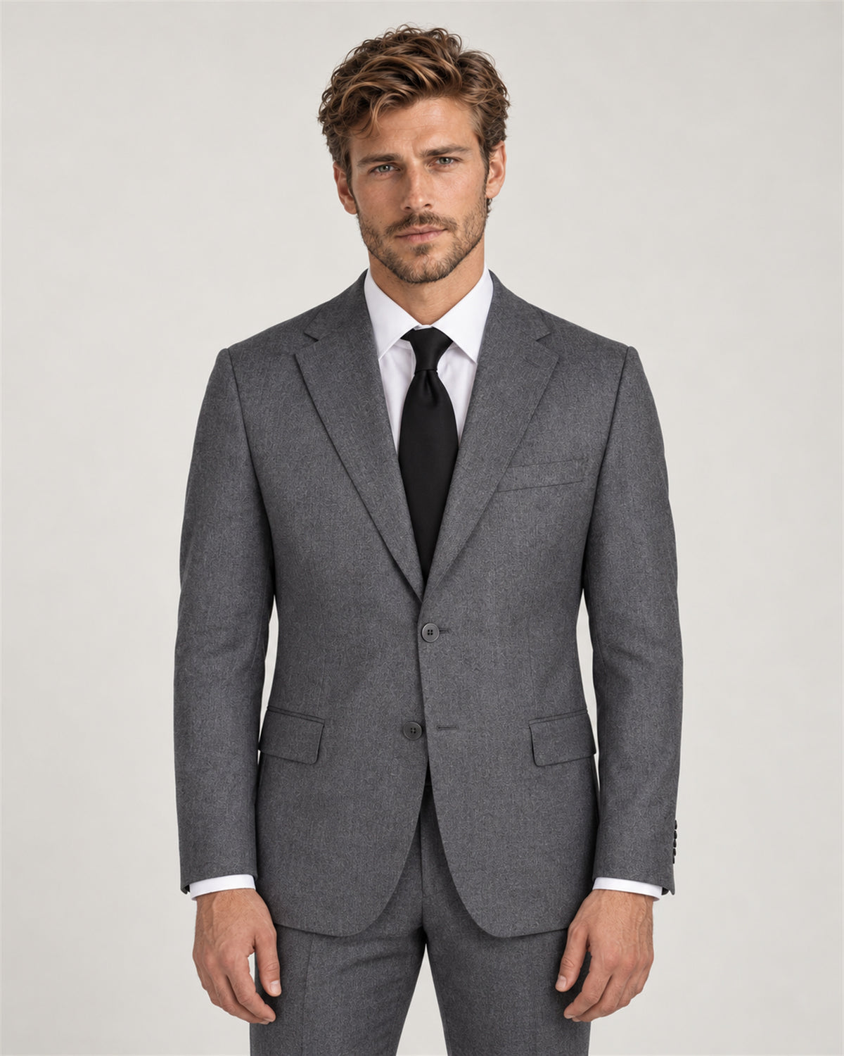 Grey tailored-fit single-breasted wool flannel suit – on model