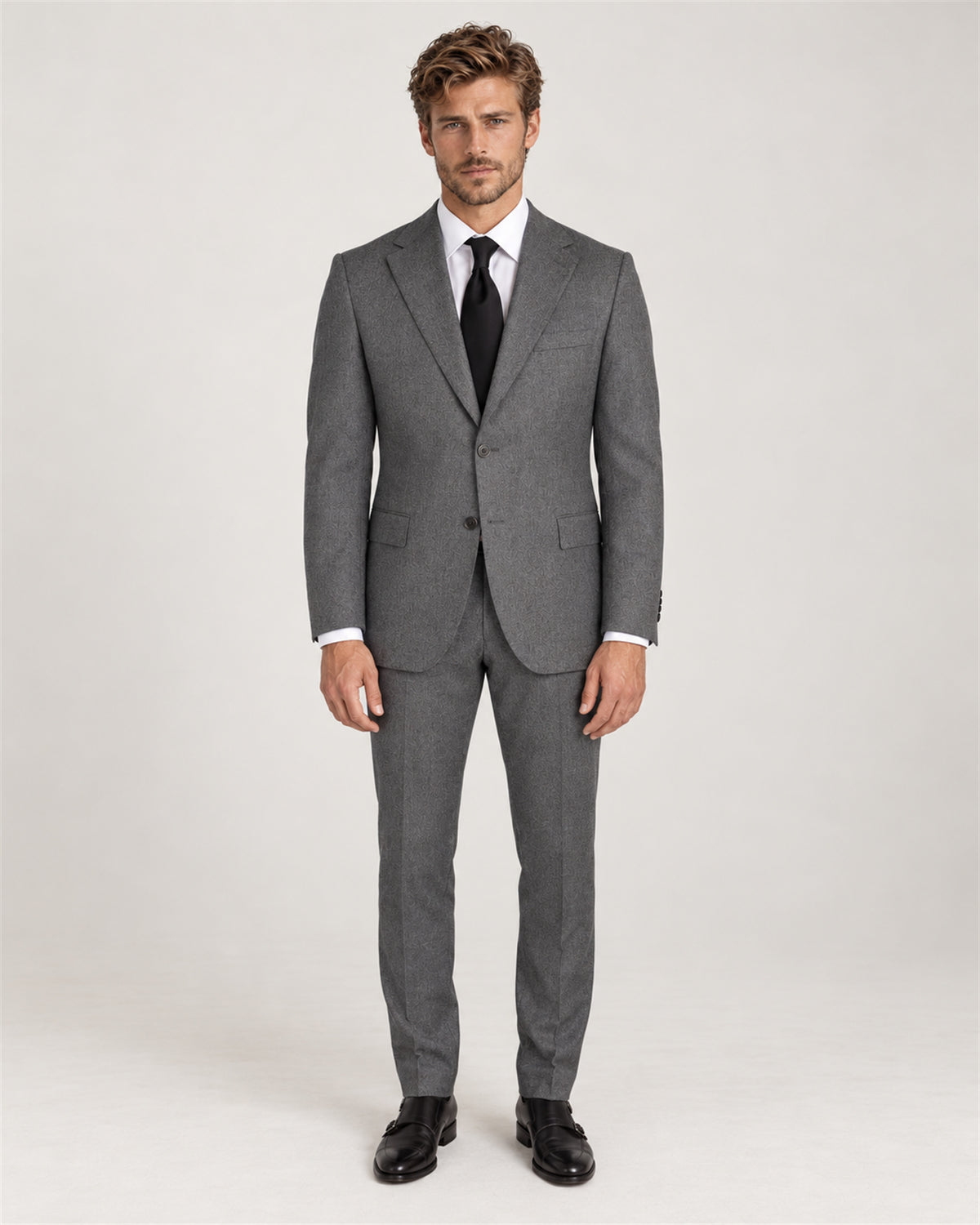 Grey tailored-fit single-breasted wool flannel suit – full-length view on model