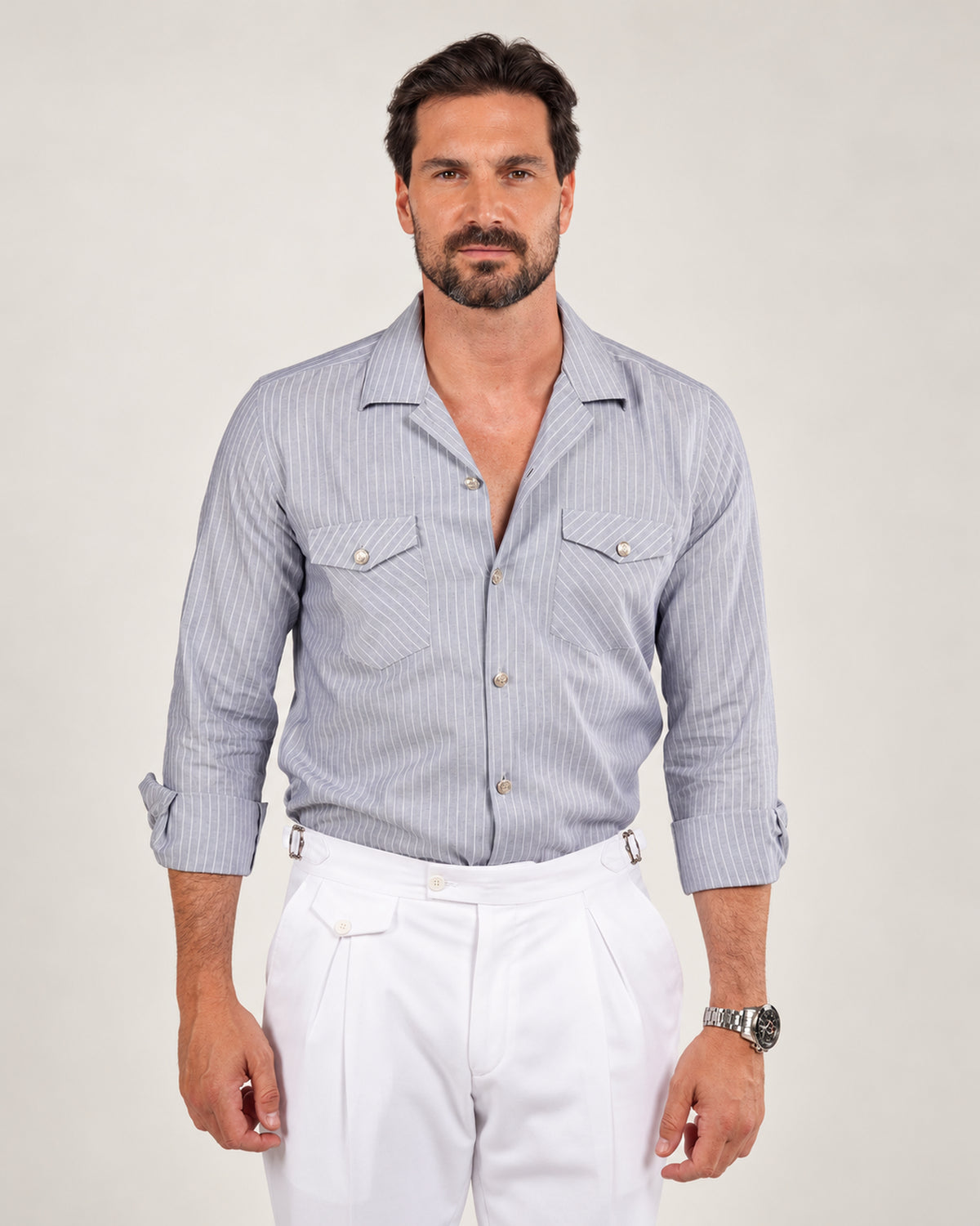 Grey striped cotton safari shirt