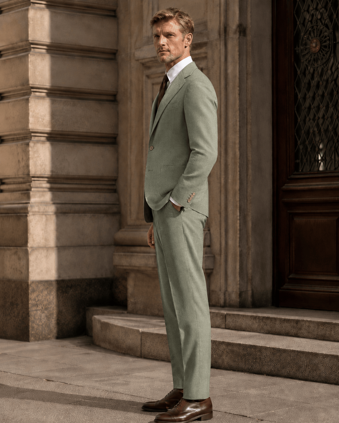 Grüner Slim-Fit-Einreiher aus Materialmischung